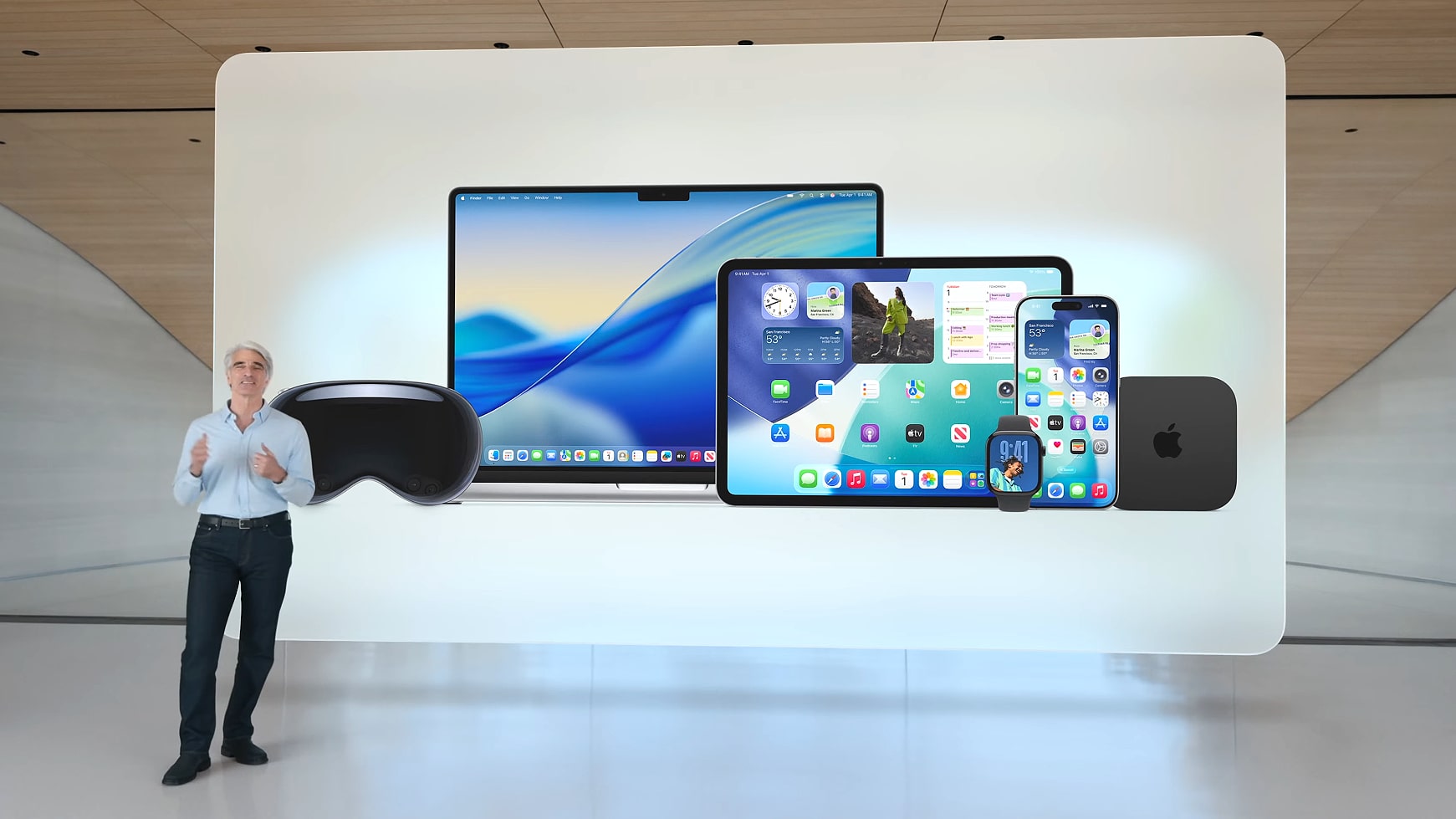 Apple's Craig Federighi presents the redesign of Liquid Glass at the company's Worldwide Developers Conference (WWDC) in June 2025.