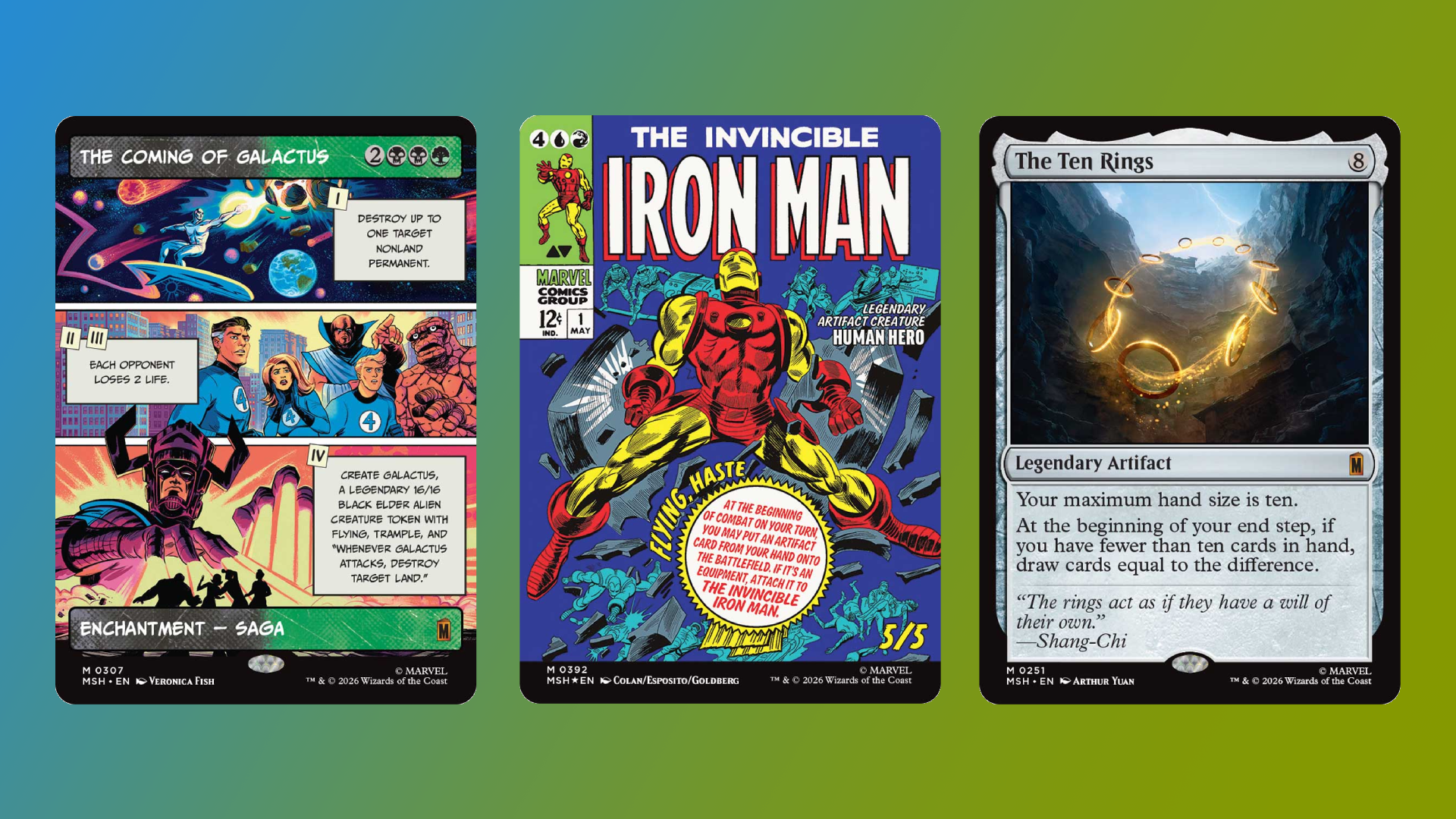 The MtG cards from The Ten Rings, Iron Man and The Coming of Galactus.