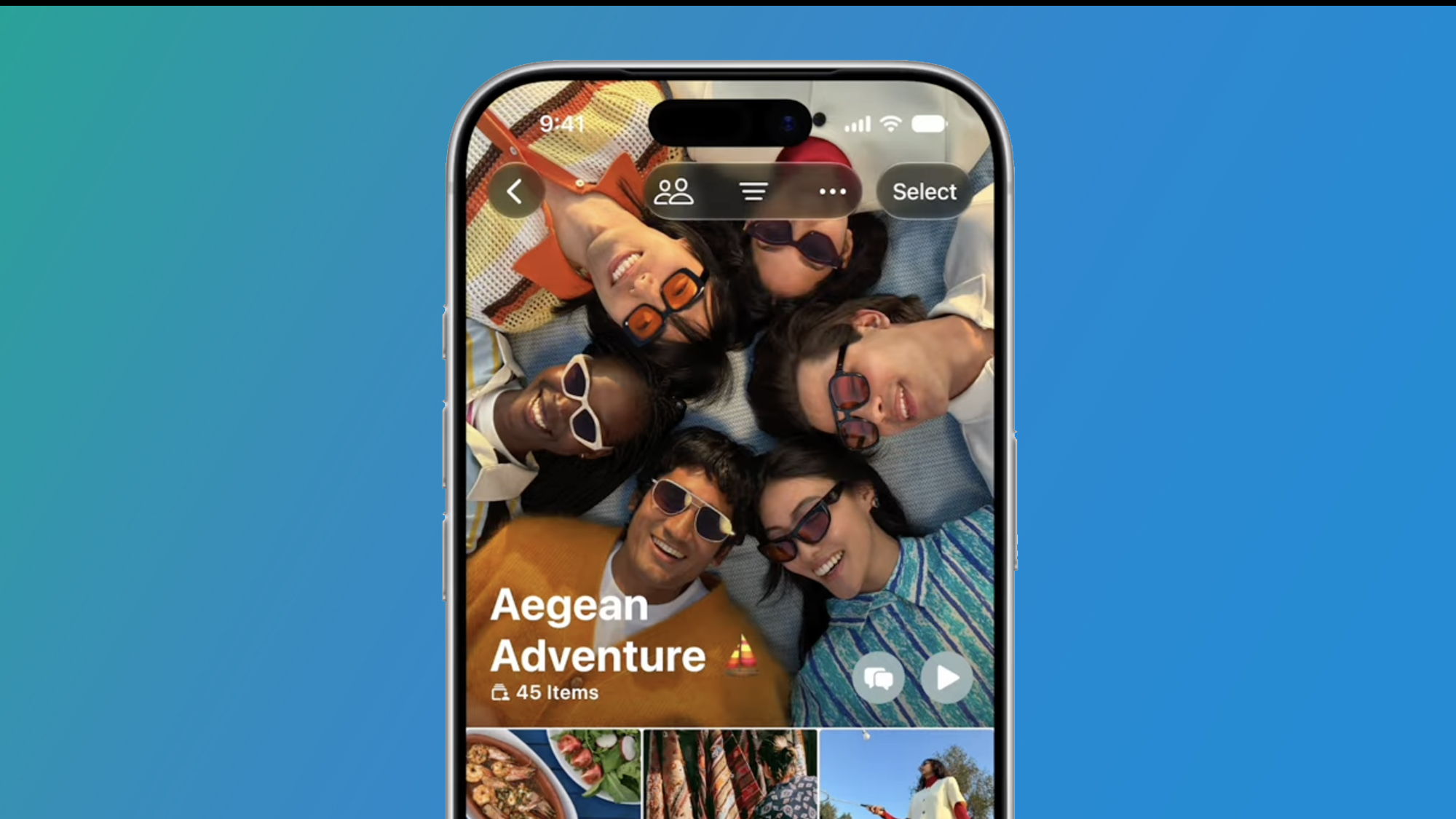 An iPhone on a blue background showing the Photos app.