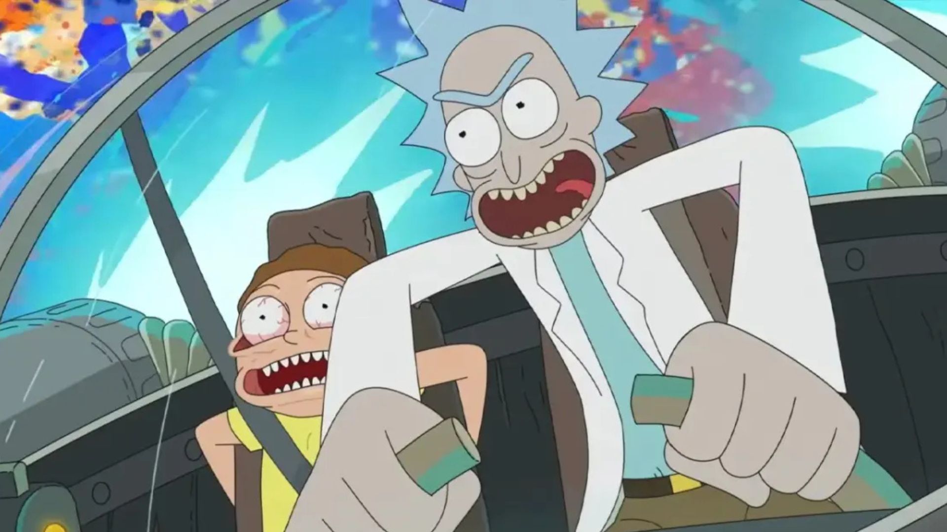 Rick drives the boat while Morty holds on in fear.