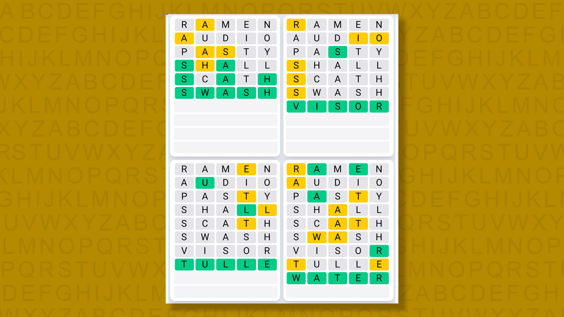 Quordle Daily Sequence answers for game 1599 on a yellow background