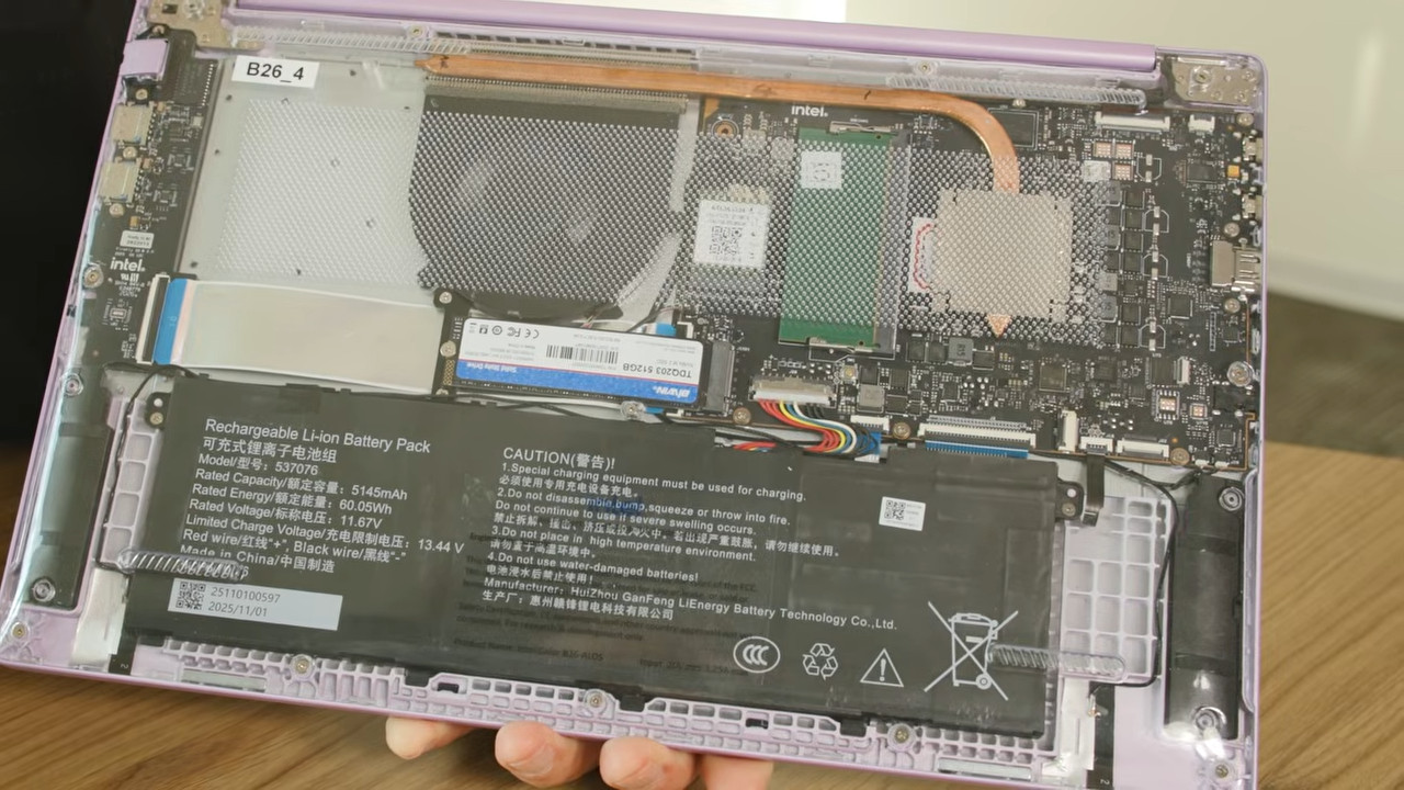 Intel Wildcat Lake reference laptop showing the hardware inside