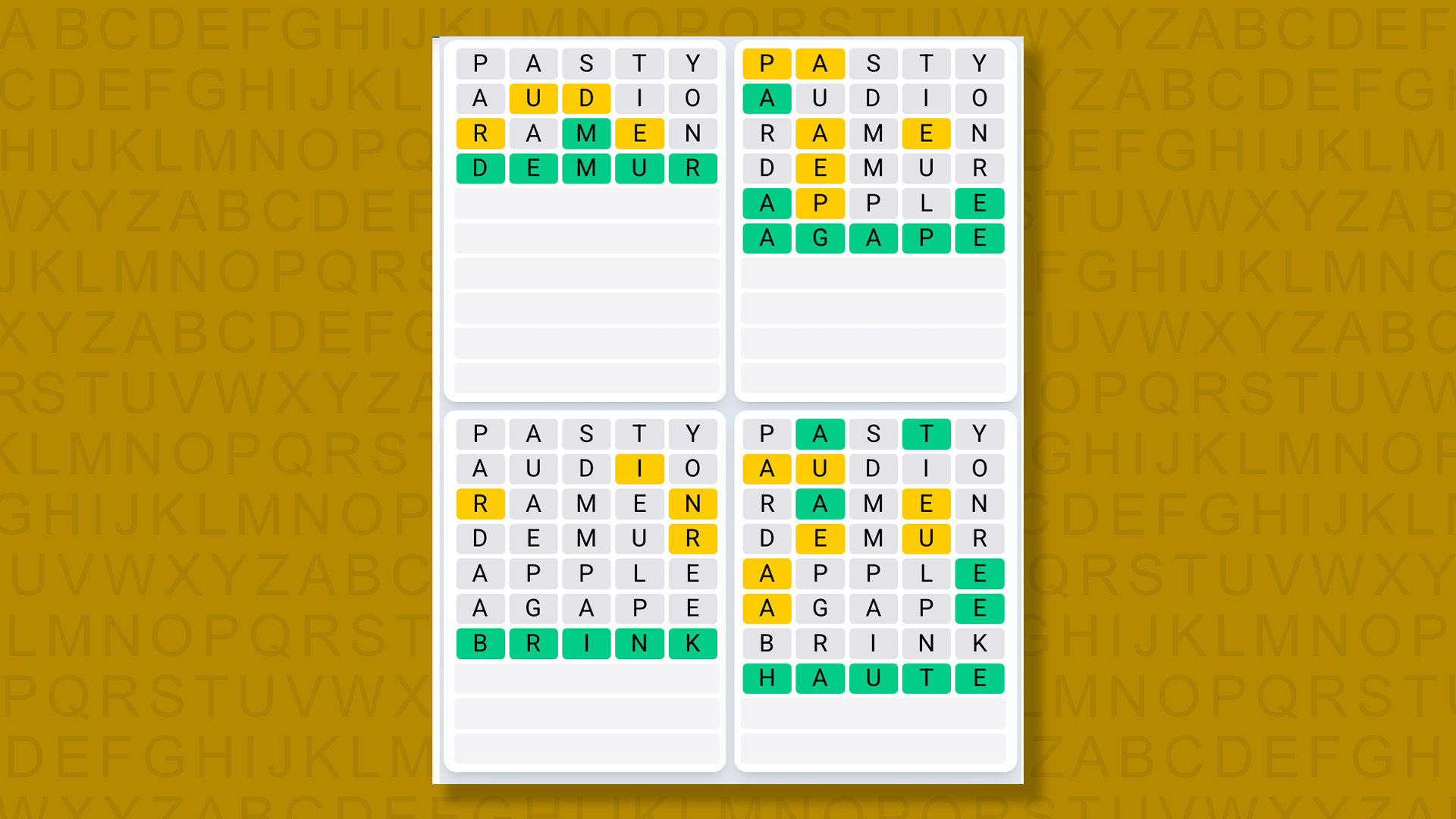 Quordle Daily Sequence answers for the game 1600 on a yellow background