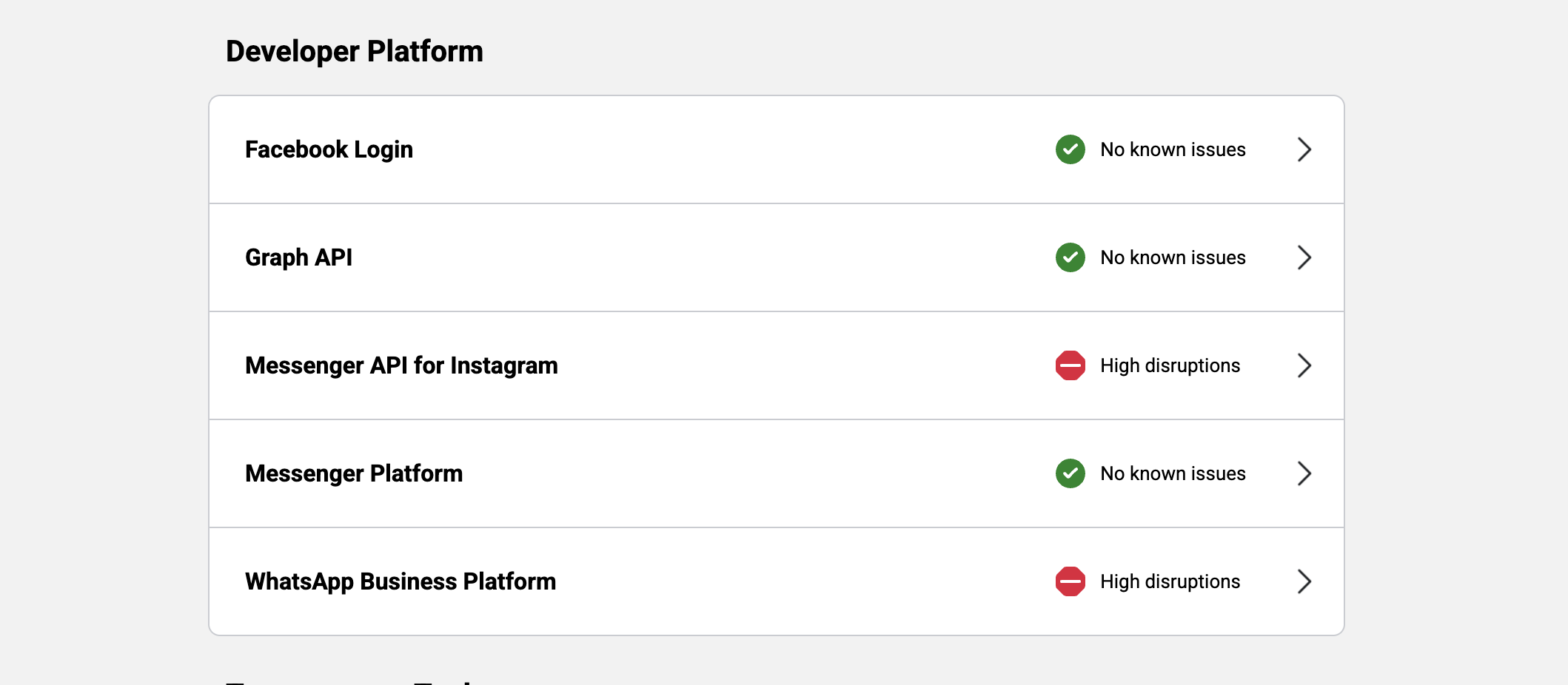Metabusiness Product Status Page