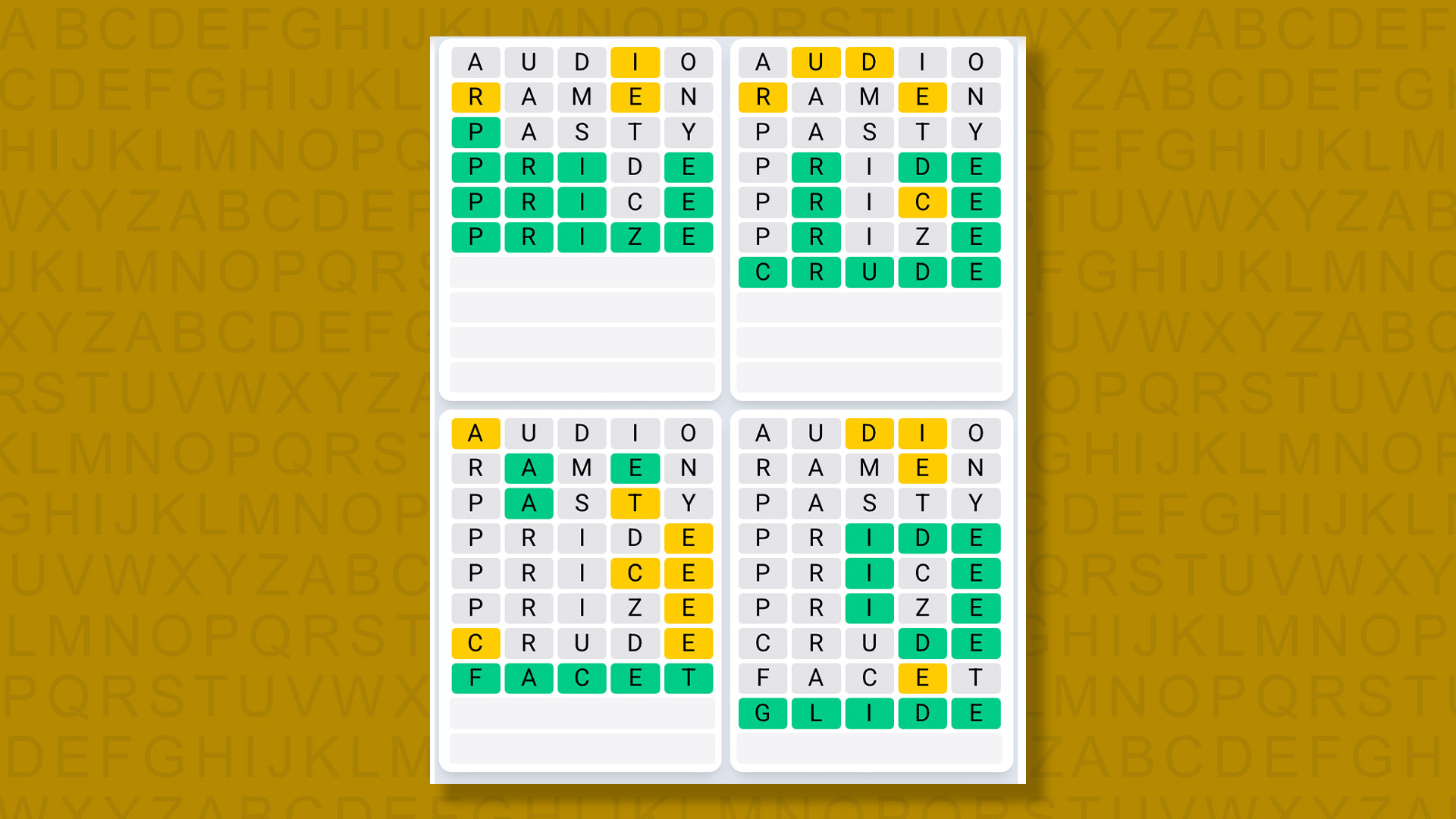 Quordle Daily Sequence answers for game 1603 on a yellow background