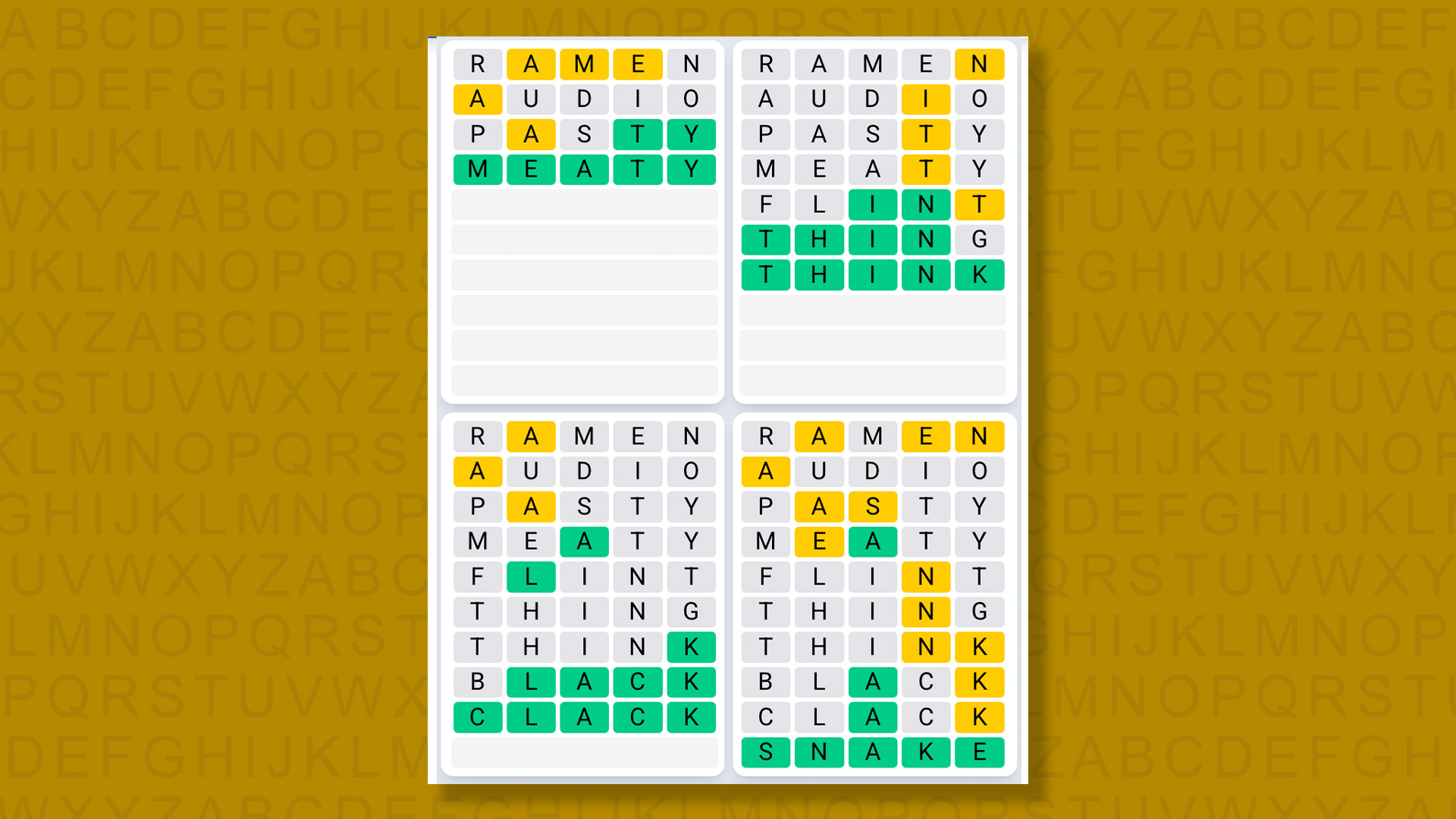 Quordle Daily Sequence answers for game 1606 on a yellow background