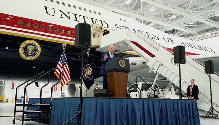 US President Donald Trump delivers a speech in front of the VC-25B aircraft gifted by Qatar that will be used as Air Force One, at Joint Base Andrews, Maryland, United States, on June 19, 2026. – Reuters