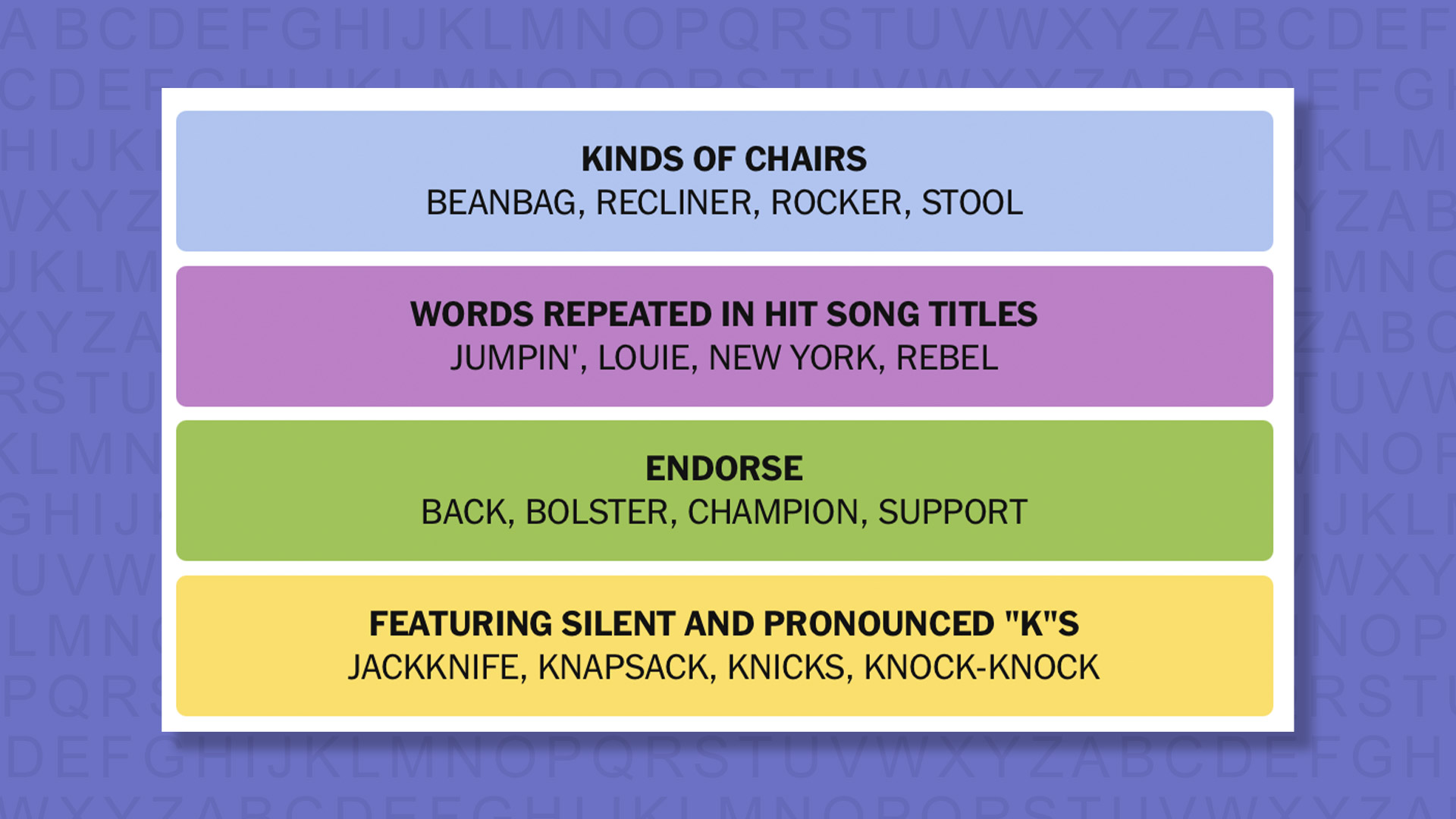 NYT Connections answers game 1105 on a purple background
