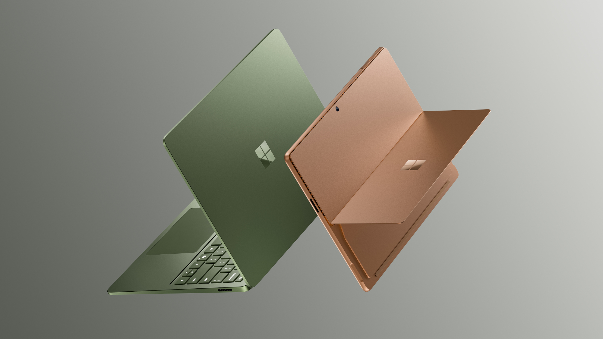 Surface Pro and Surface Laptop shown one after the other; you can see both covers and the Windows logos