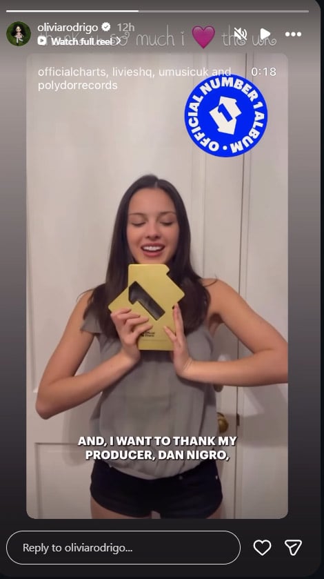 Olivia Rodrigo records a video message of gratitude after a new milestone