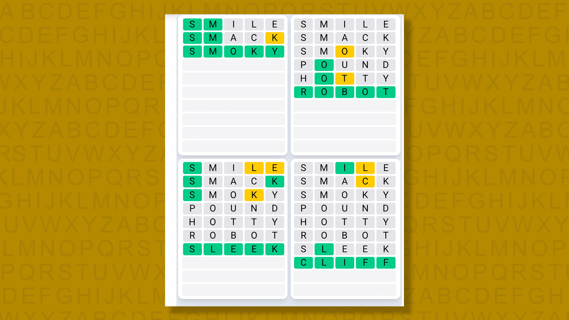 Quordle Daily Sequence answers for the game 1611 on a yellow background