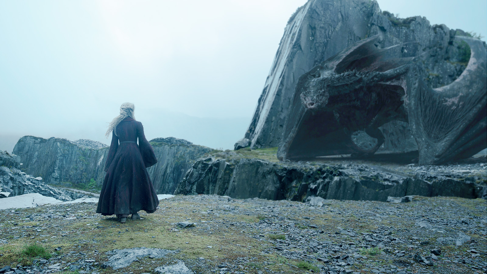 Rhaena standing on top of a hill and looking at Sheepstealer in season 3 of House of the Dragon.