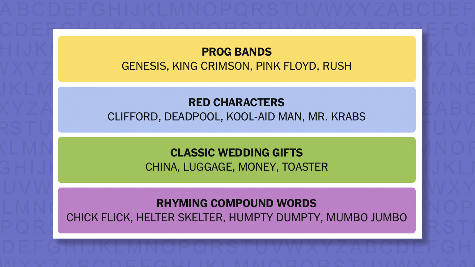 NYT Connections answers game 1109 on a purple background