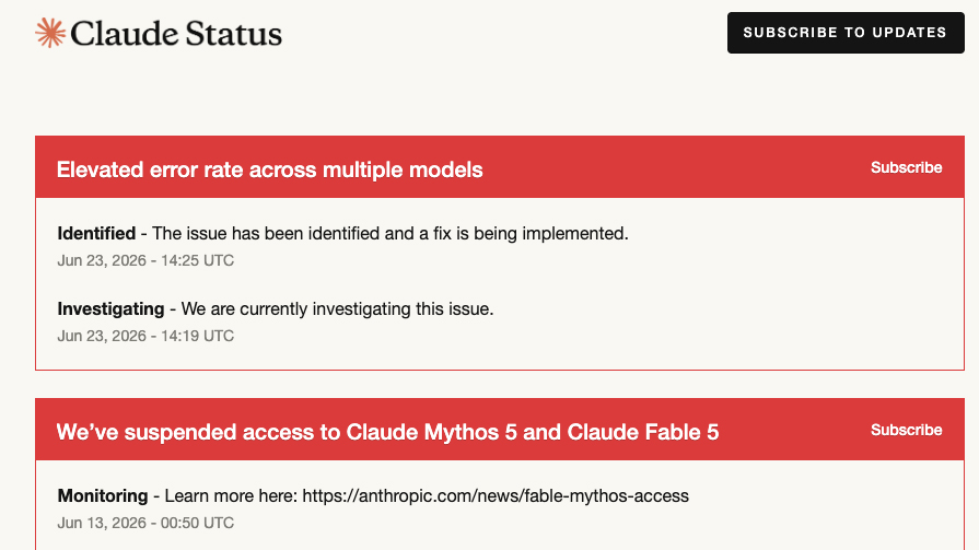 Claude's status page showing an outage