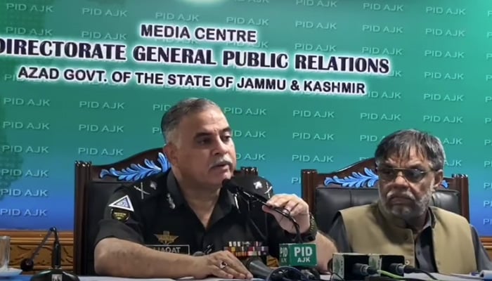 Azad Jammu and Kashmir Inspector General of Police Captain (Retd) Liaqat Ali Malik addresses the press conference on June 25, 2026. – Screenshot via Facebook/@ajkpolice