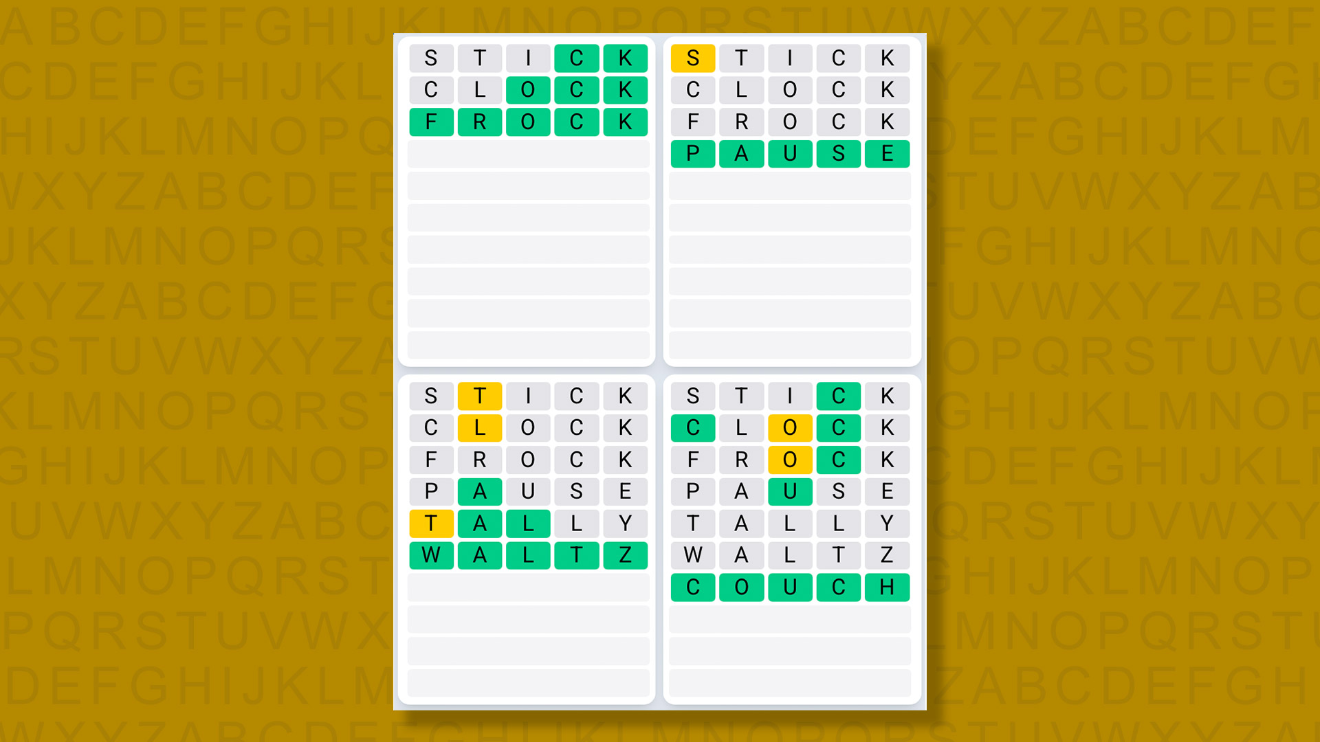 Quordle Daily Sequence answers for game 1615 on a yellow background