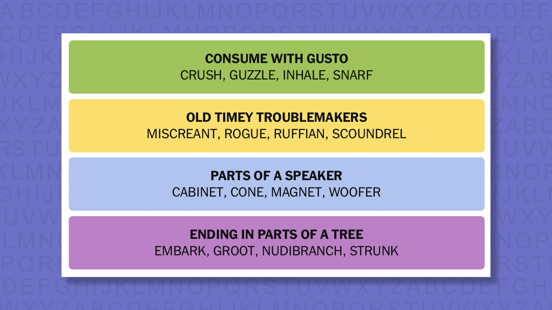 NYT Connections answers game 1114 on a purple background