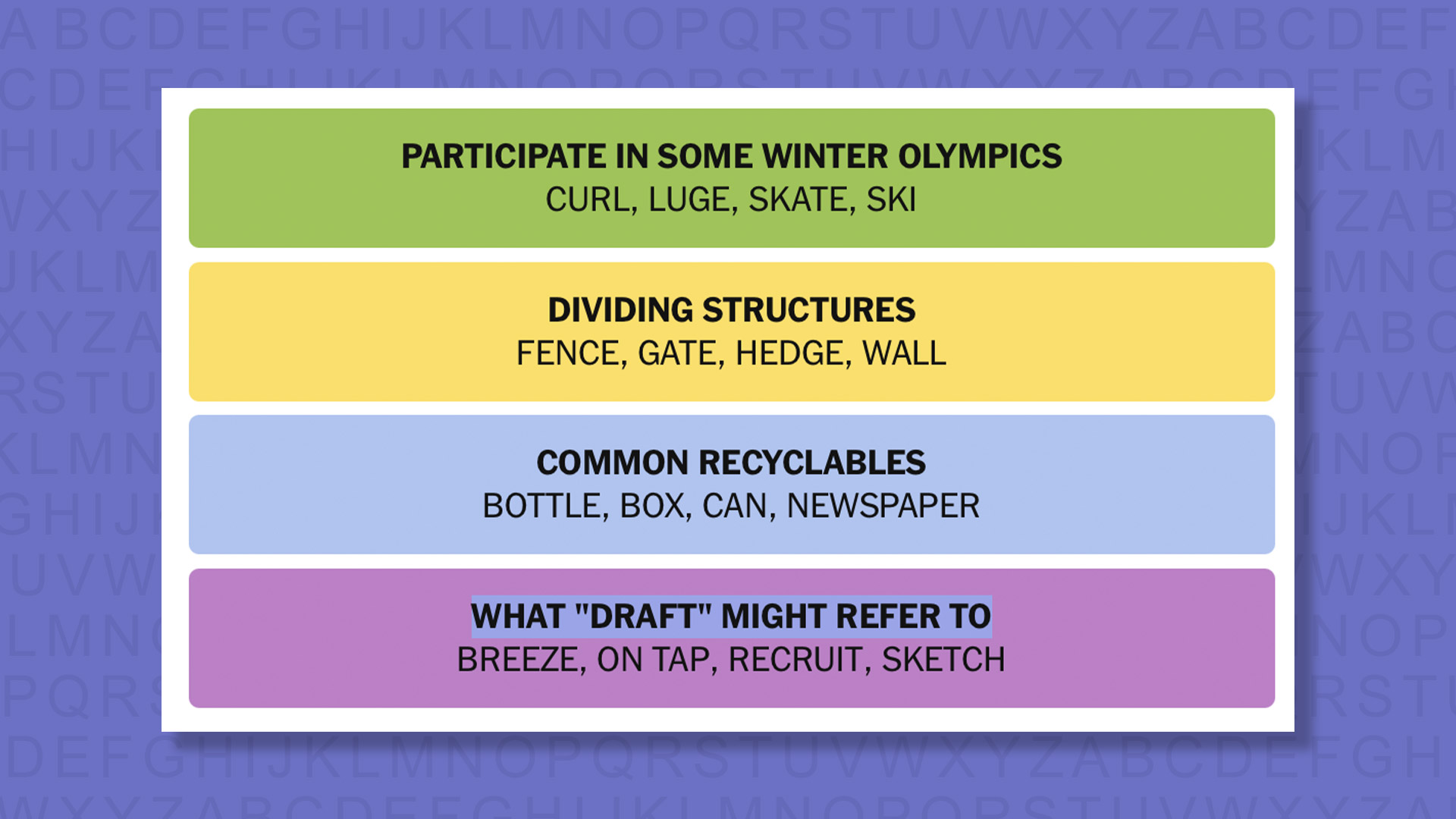 NYT Connections Answers for Game #1115 on a Purple Background