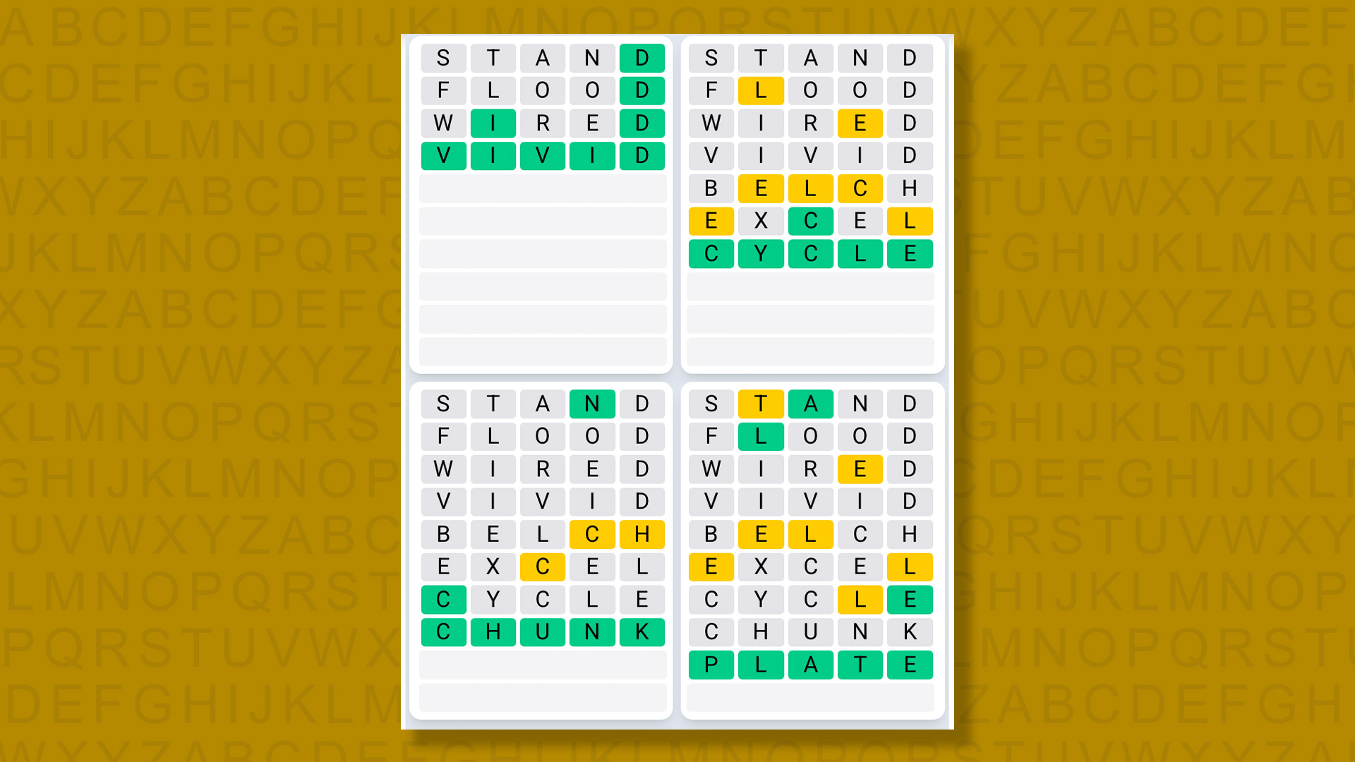 Quordle Daily Sequence Answers for Game #1618 on a Yellow Background