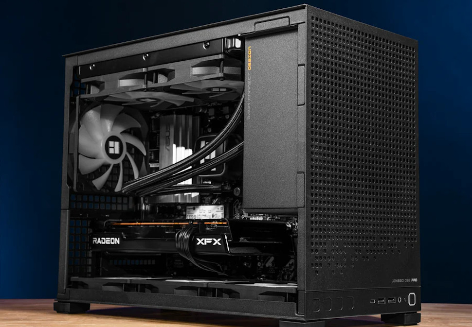 Steamroller gaming PC case opened, showing GPU and components inside
