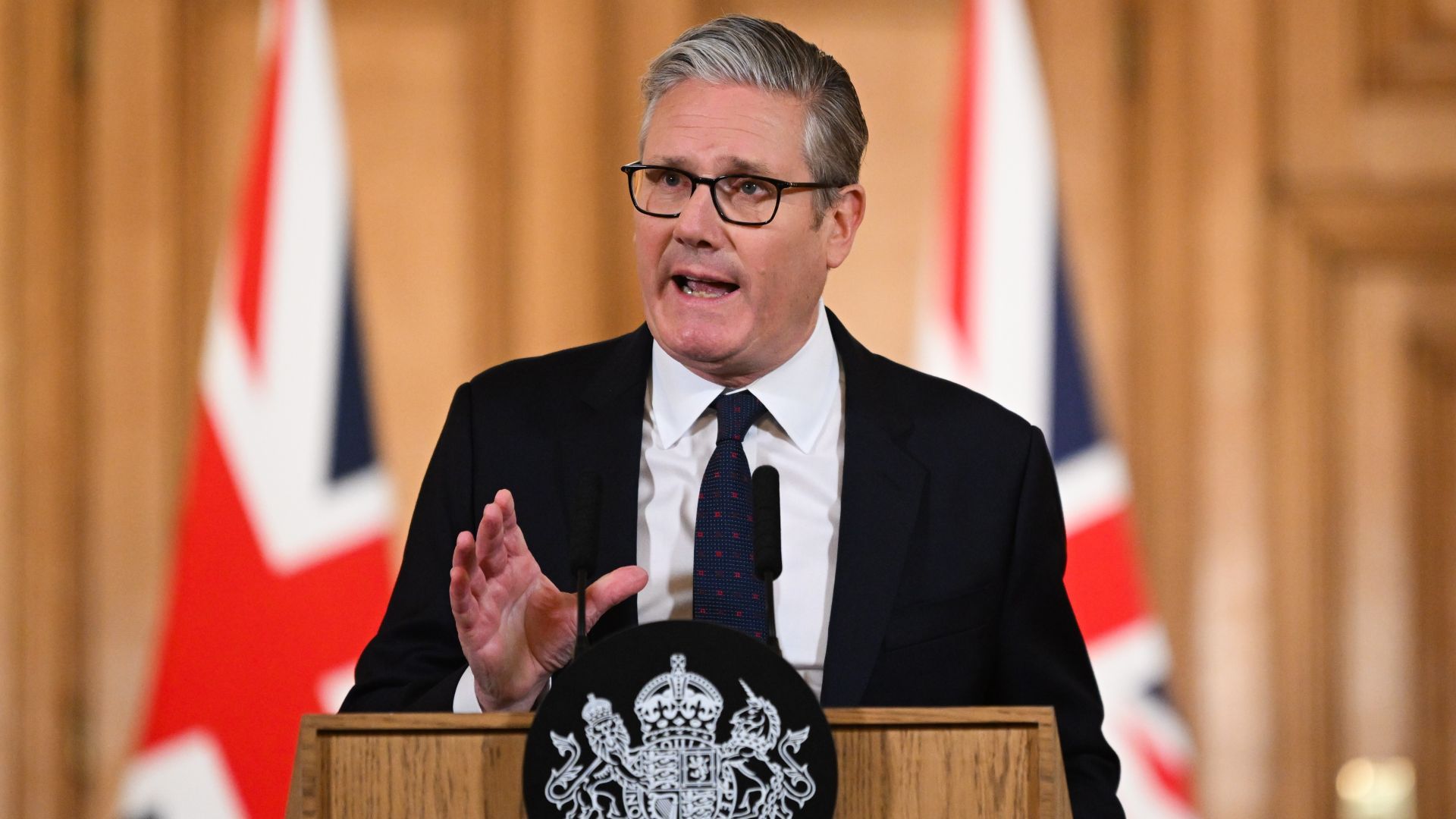 UK Prime Minister Keir Starmer during a press conference announcing a ban on teenagers using social media, at Downing Street in London, Britain, Monday, June 15, 2026.