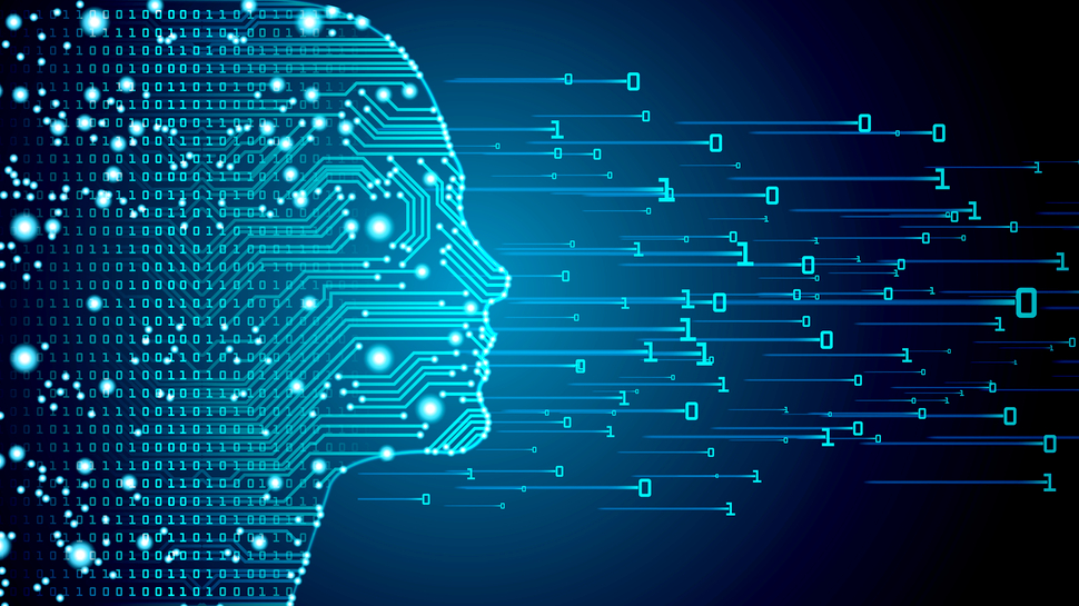 An AI face in profile on a digital background.