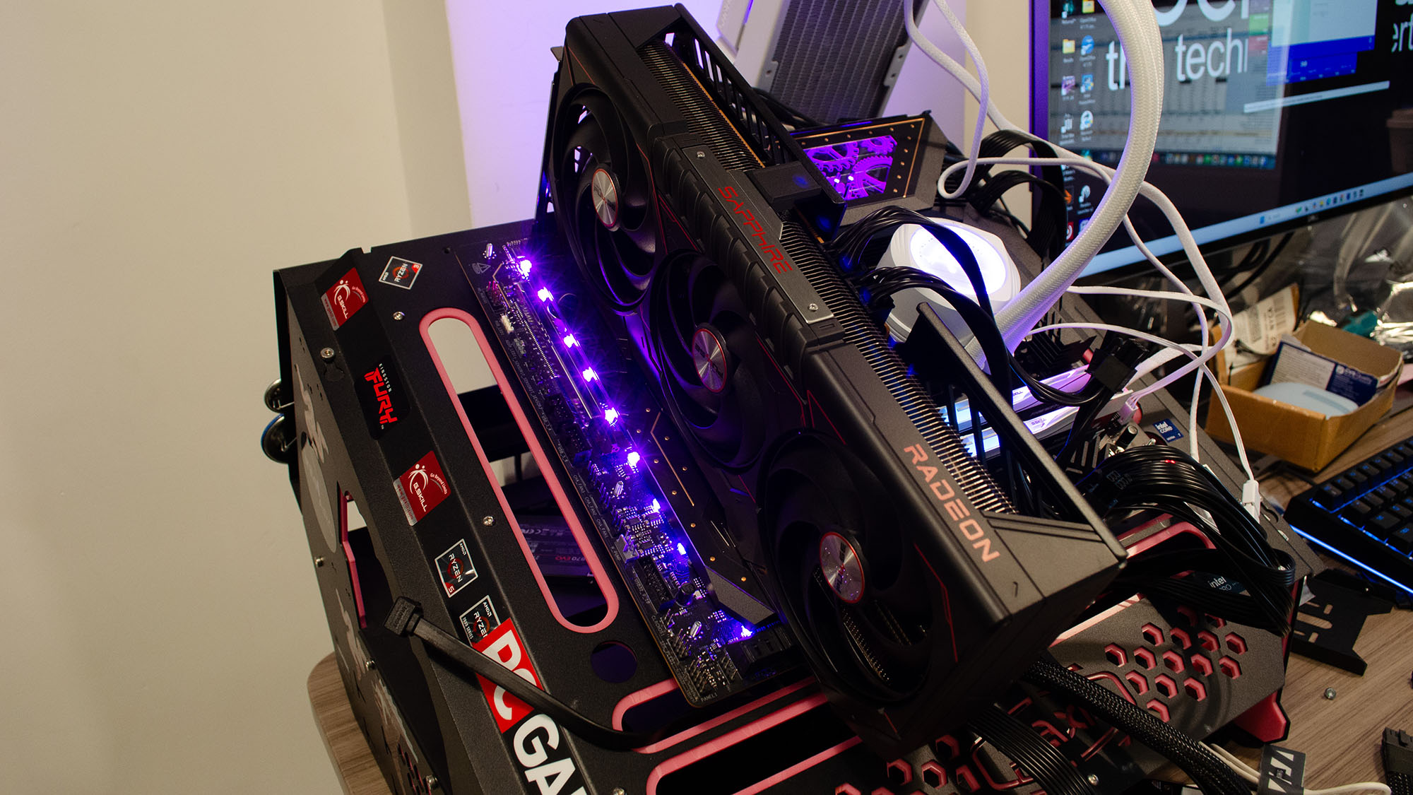 An AMD Radeon RX 9070 XT on a test bench