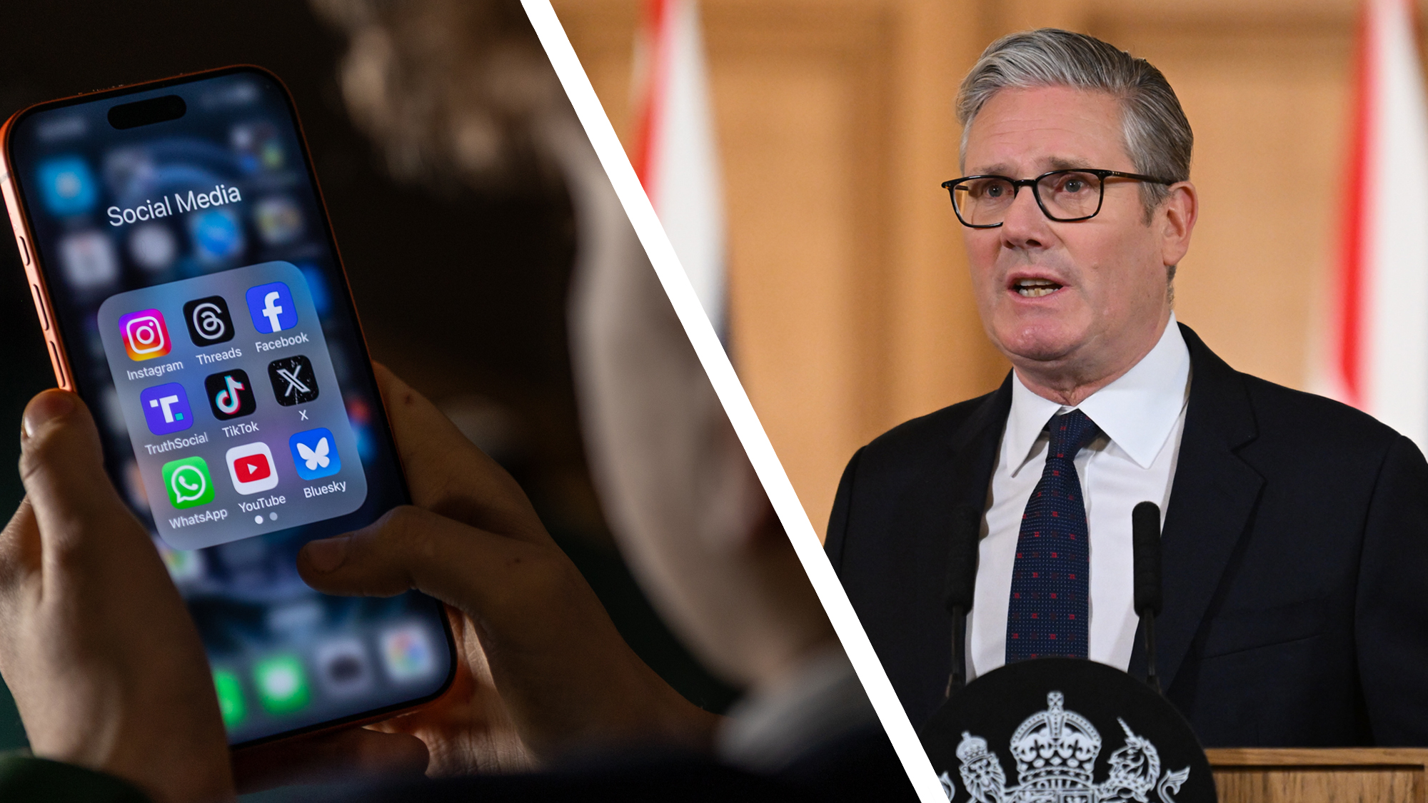 A boy using social media on a smartphone next to a photo of Keir Starmer