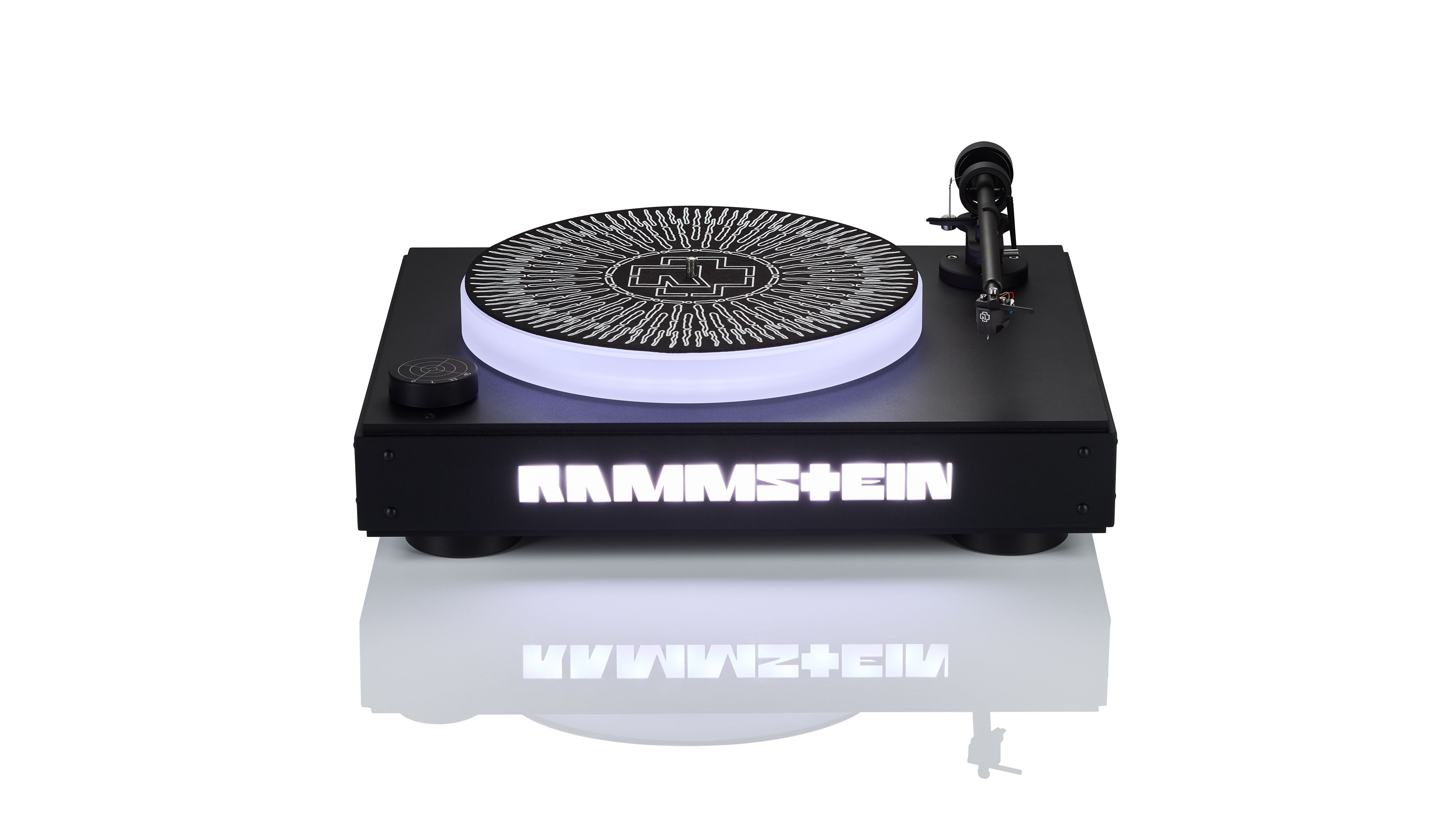 Clearaudio Rammstein record player with white lighting, on a white background