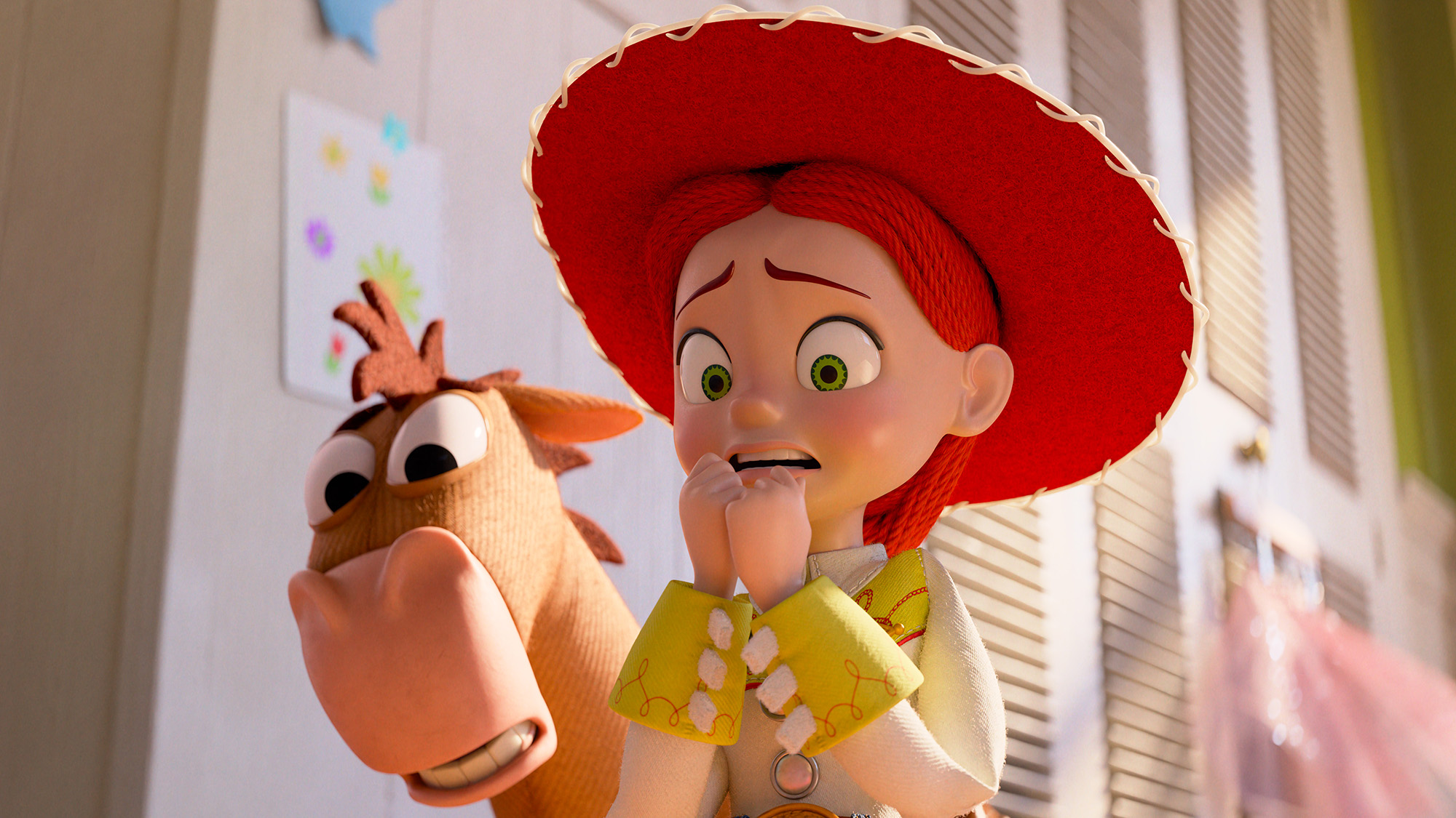Bullseye and Jessie look worried while looking at something off camera in Toy Story 5