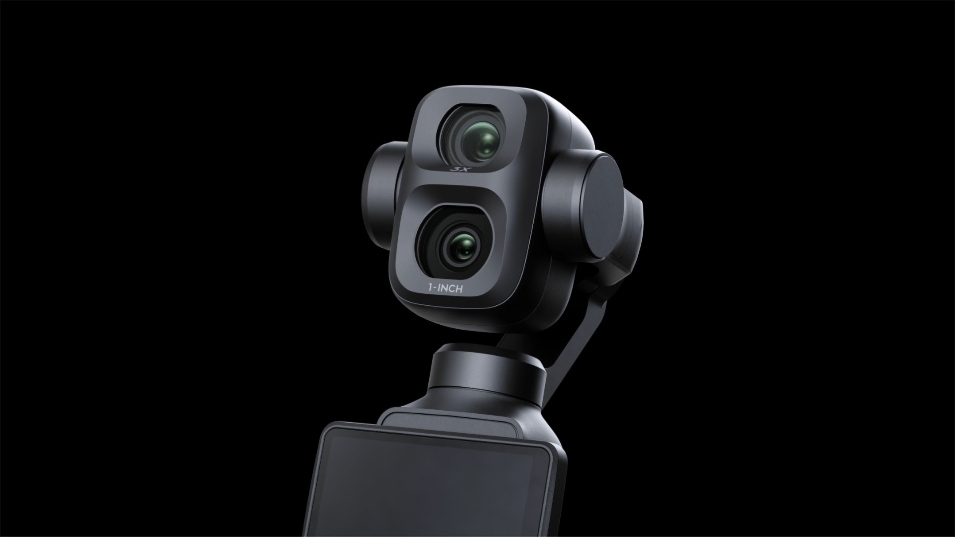 Close-up of DJI Osmo Pocket 4P vlogging camera dual lenses, black background