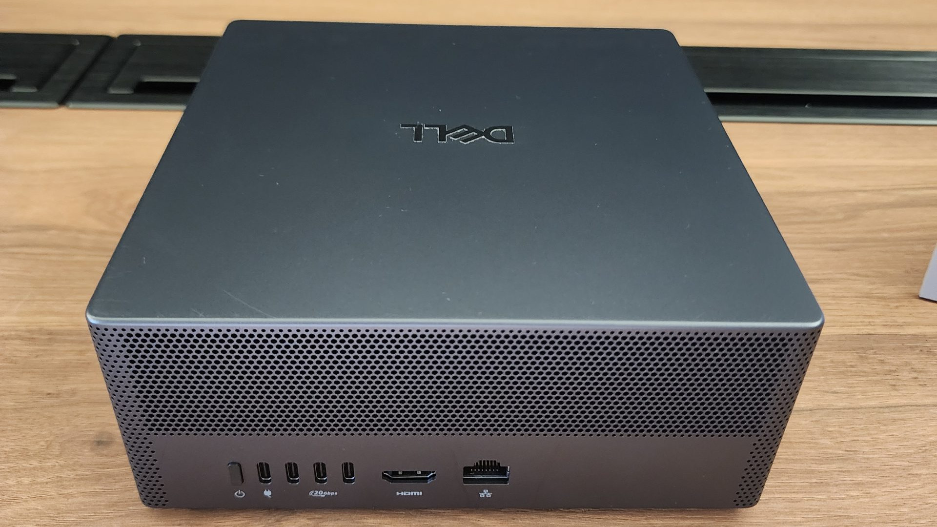 Front view of compact PC Dell XPS RTX Spark Desktop computer showing ports