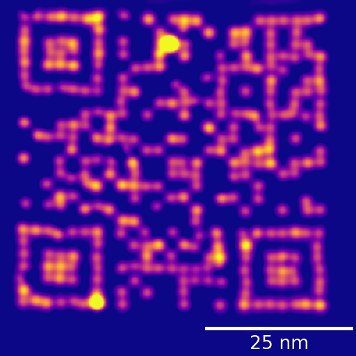 An image showing the size of 50 by 50 nm&sup2; QR code built by researchers from Monash University's Faculty of Physics and Astronomy and the Czech Academy of Sciences