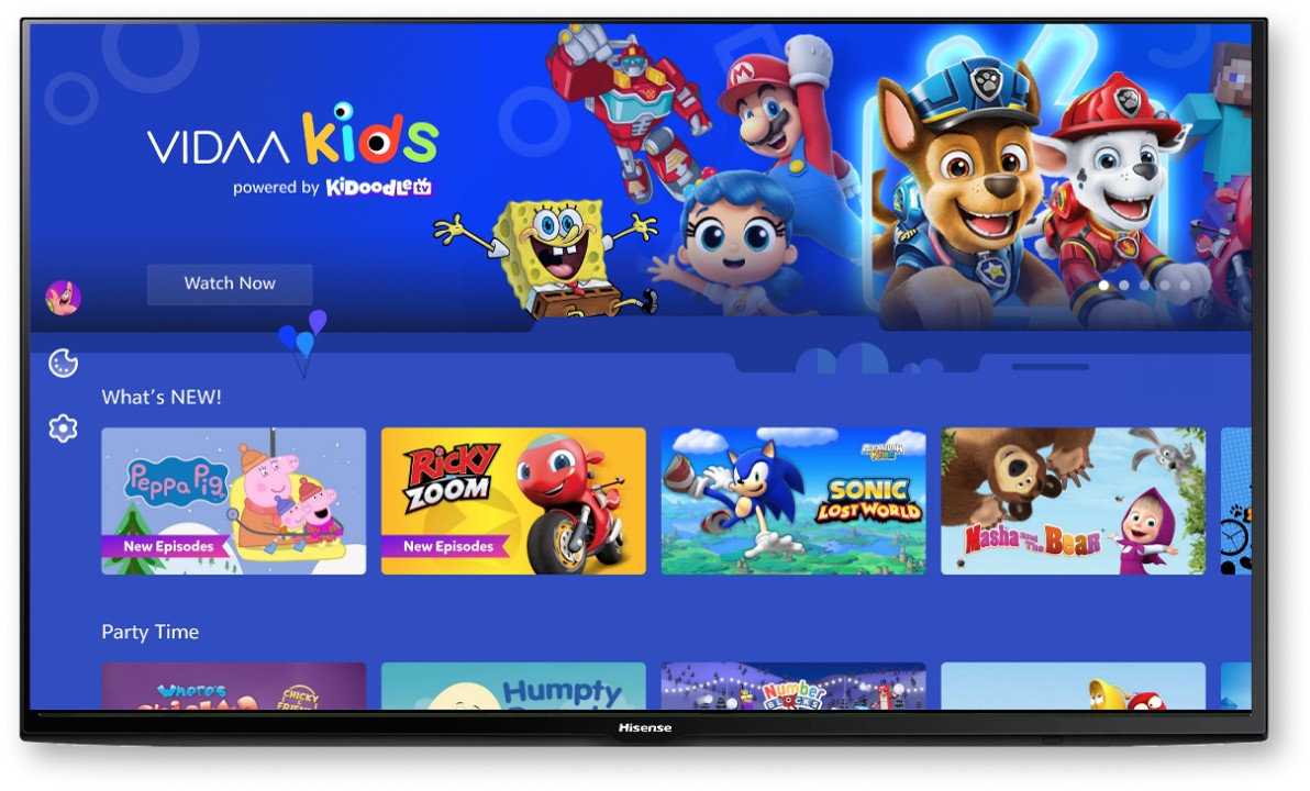 A screenshot of the VIDAA Kids app showing familiar characters like PAW Patrol and SpongeBob SquarePants