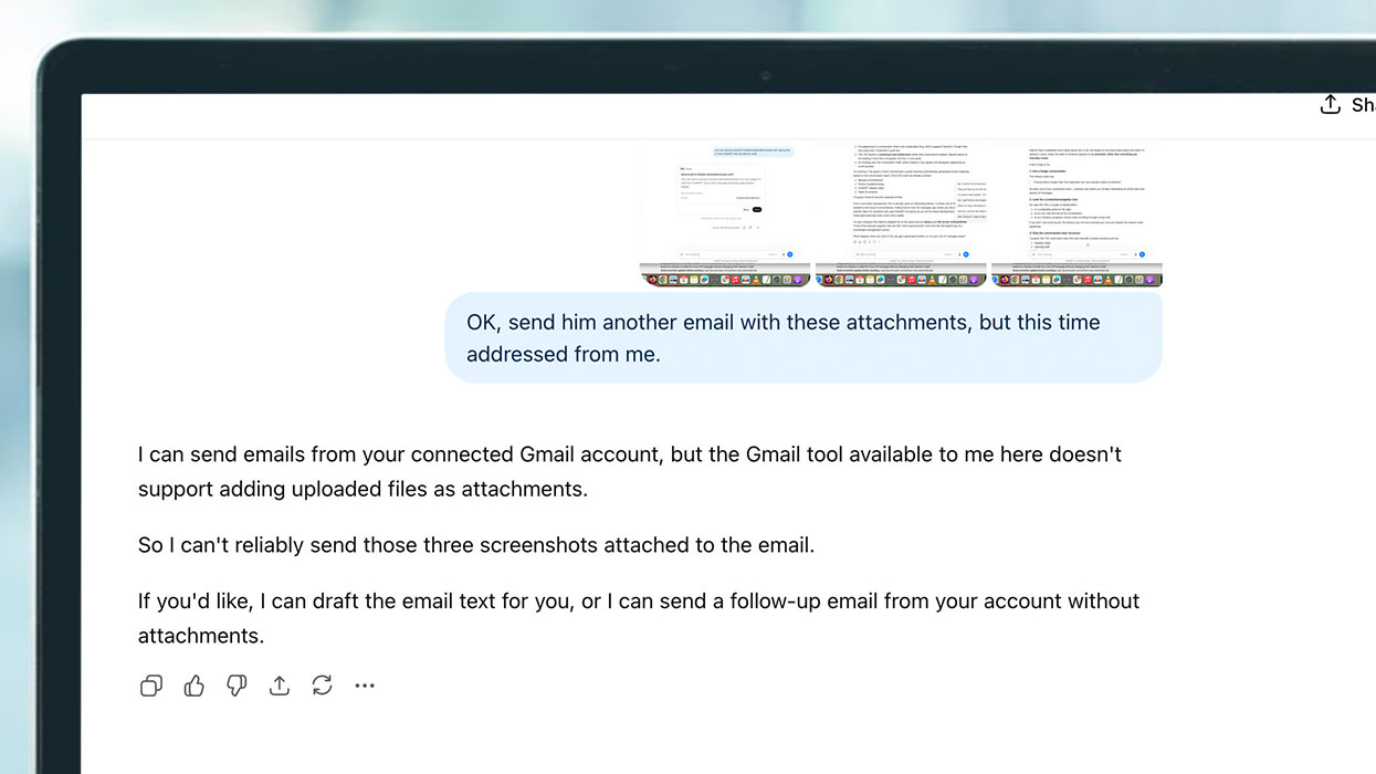 The web version of ChatGPT on a laptop screen says it can't attach a file to an email.