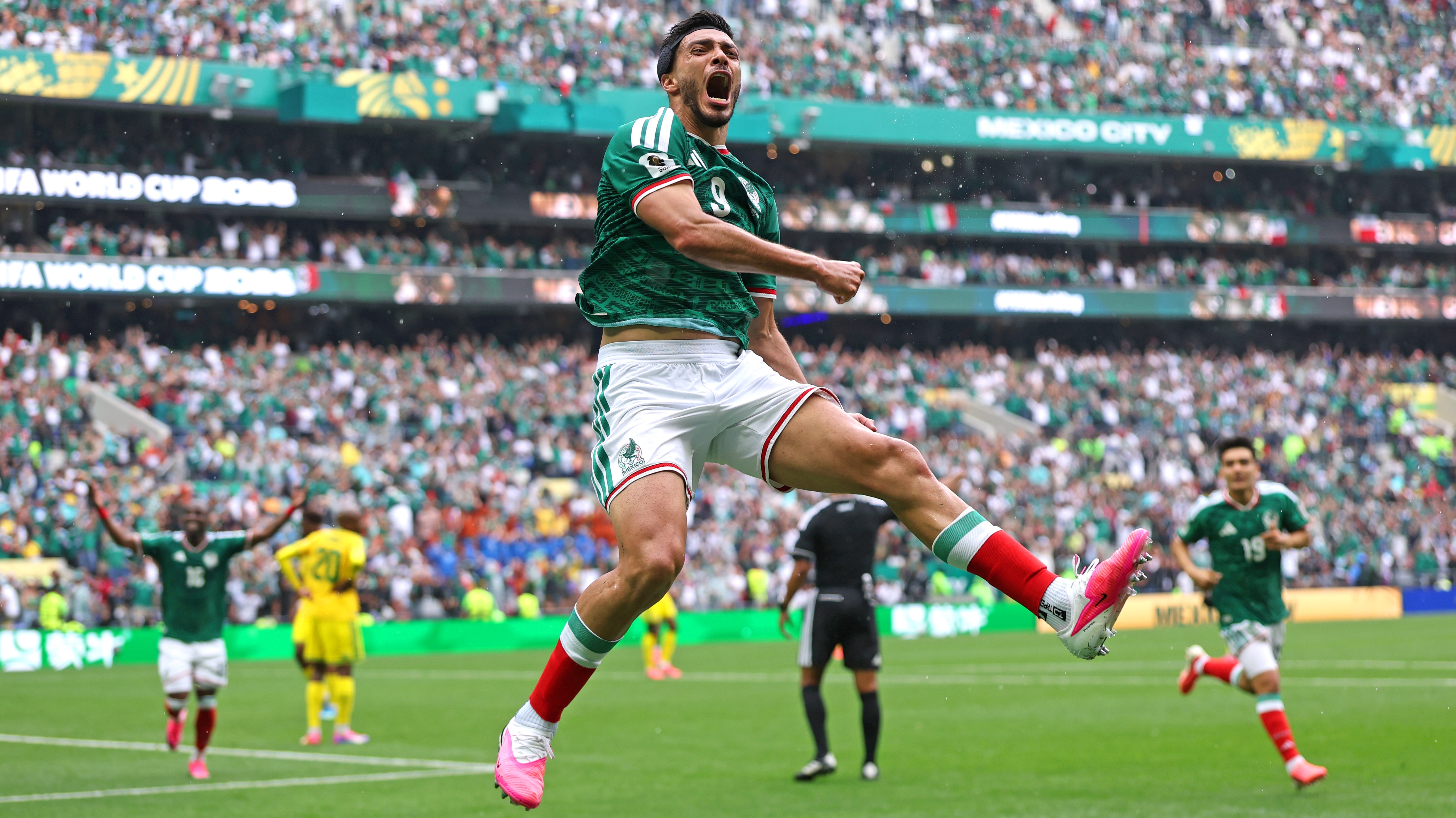 Raul Jimenez of Mexico celebrates scoring his team's second goal during the 2026 FIFA World Cup Group A match between Mexico and South Africa at Estadio Azteca on June 11, 2026 in Mexico City, Mexico.