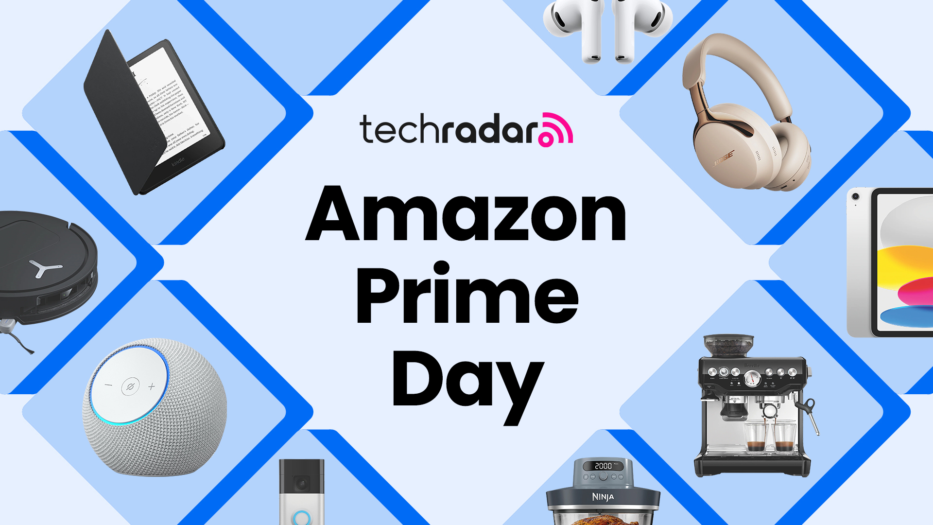 A collection of tech items on Amazon organized around a TechRadar Prime Day deals badge on a blue background.