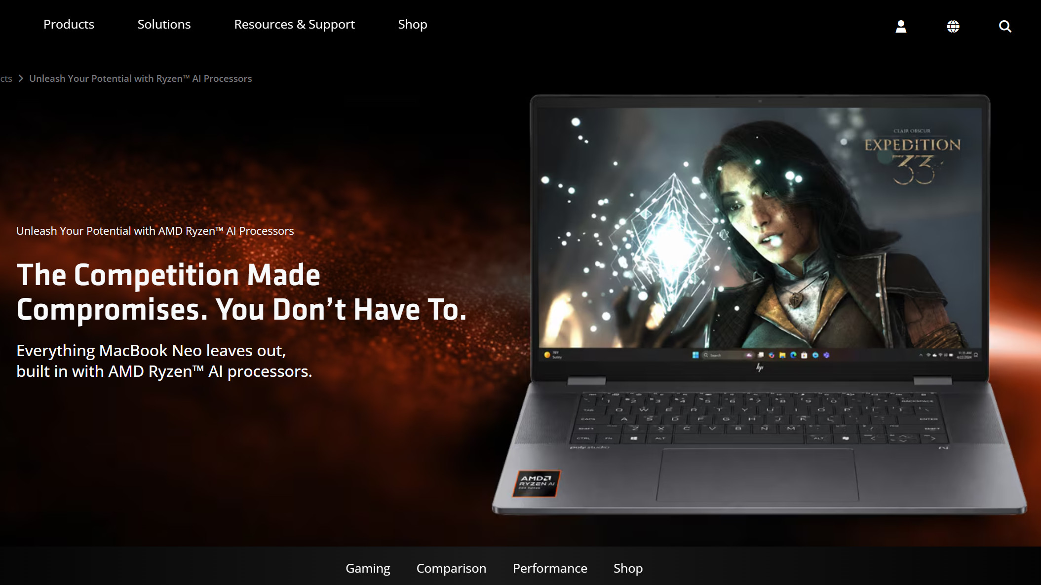 AMD Ryzen versus MacBook Neo website, highlighting gaming comparisons