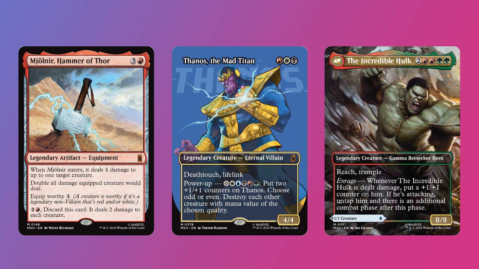 Thanos, Hulk, and Mjolnir cards from Magic The Gathering show their effects as Worthy and Enrage.