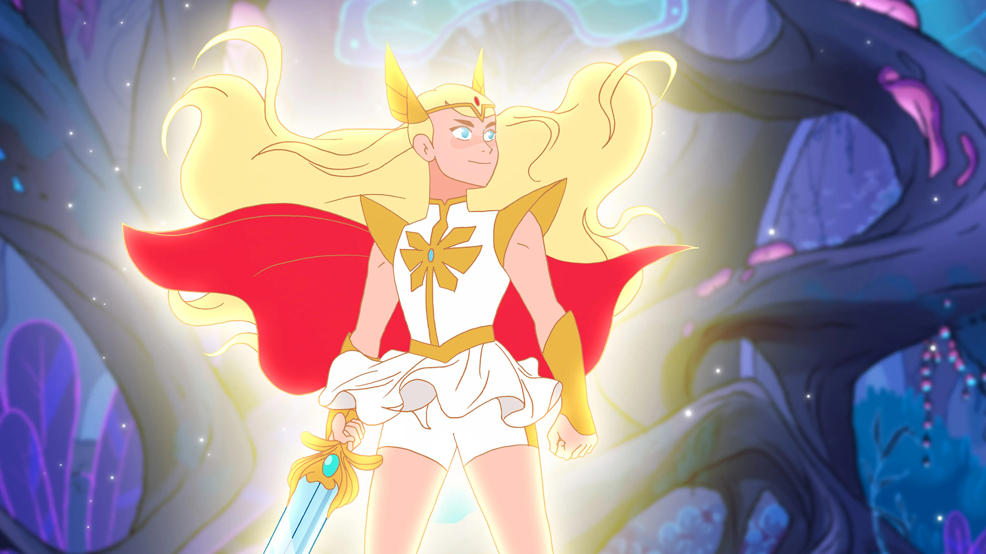 Adora holds the Sword of Protection and shines in the Netflix TV show She-Ra and the Princesses of Power