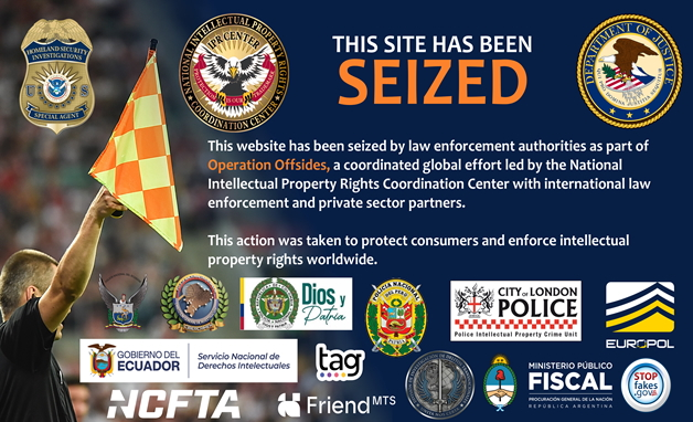 A screenshot of the banner uploaded to domains seized by the US Department of Justice that were illegally streaming matches from the 2026 FIFA World Cup.