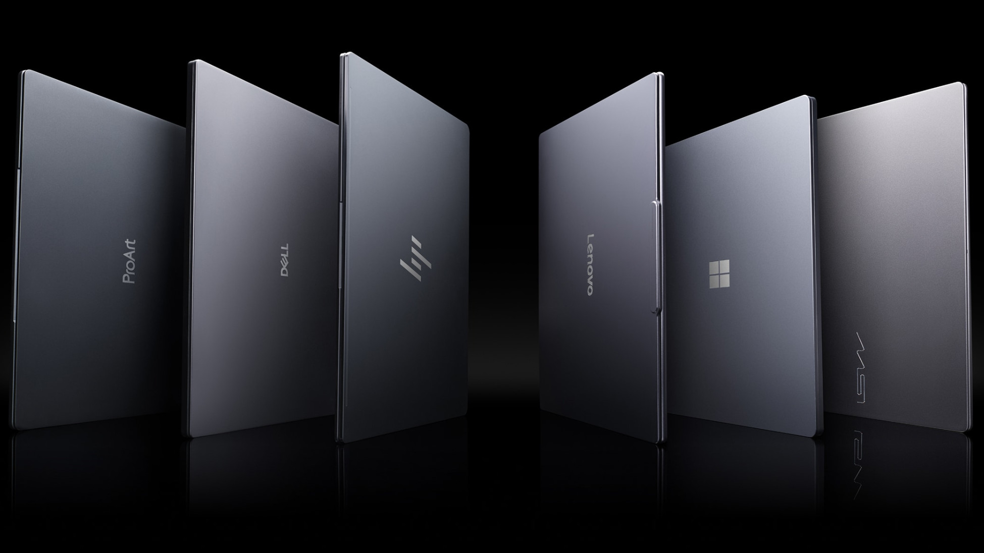 Six Nvidia RTX Spark laptops from various laptop manufacturers, shown on a dark background