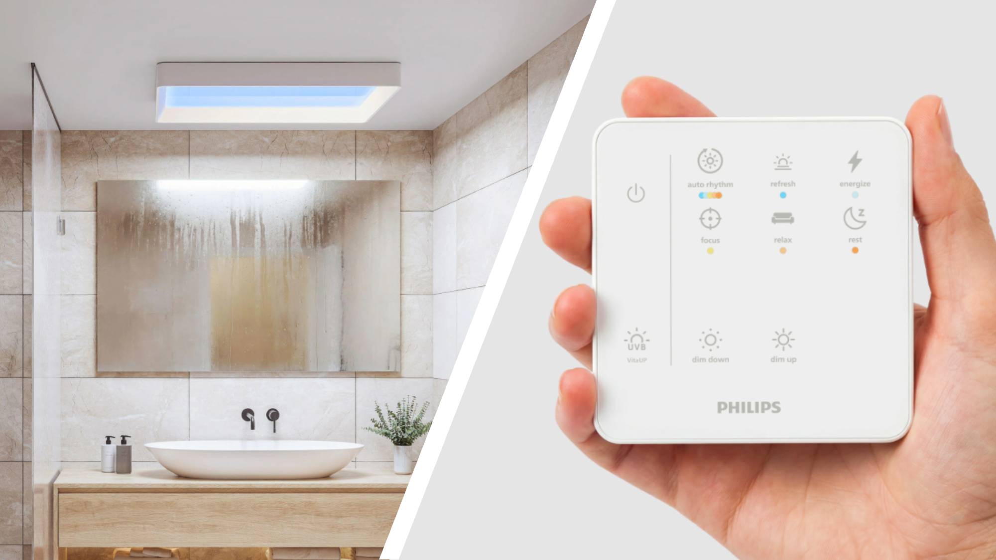 Philips Skylight mounted on the ceiling of a bathroom alongside a close-up of the accompanying remote control