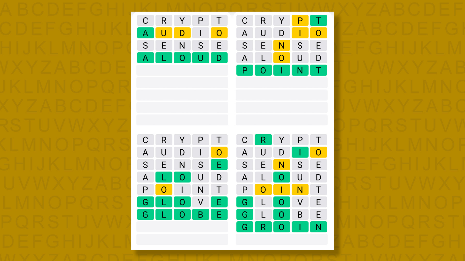 Quordle answers for the game 1607 on a yellow background