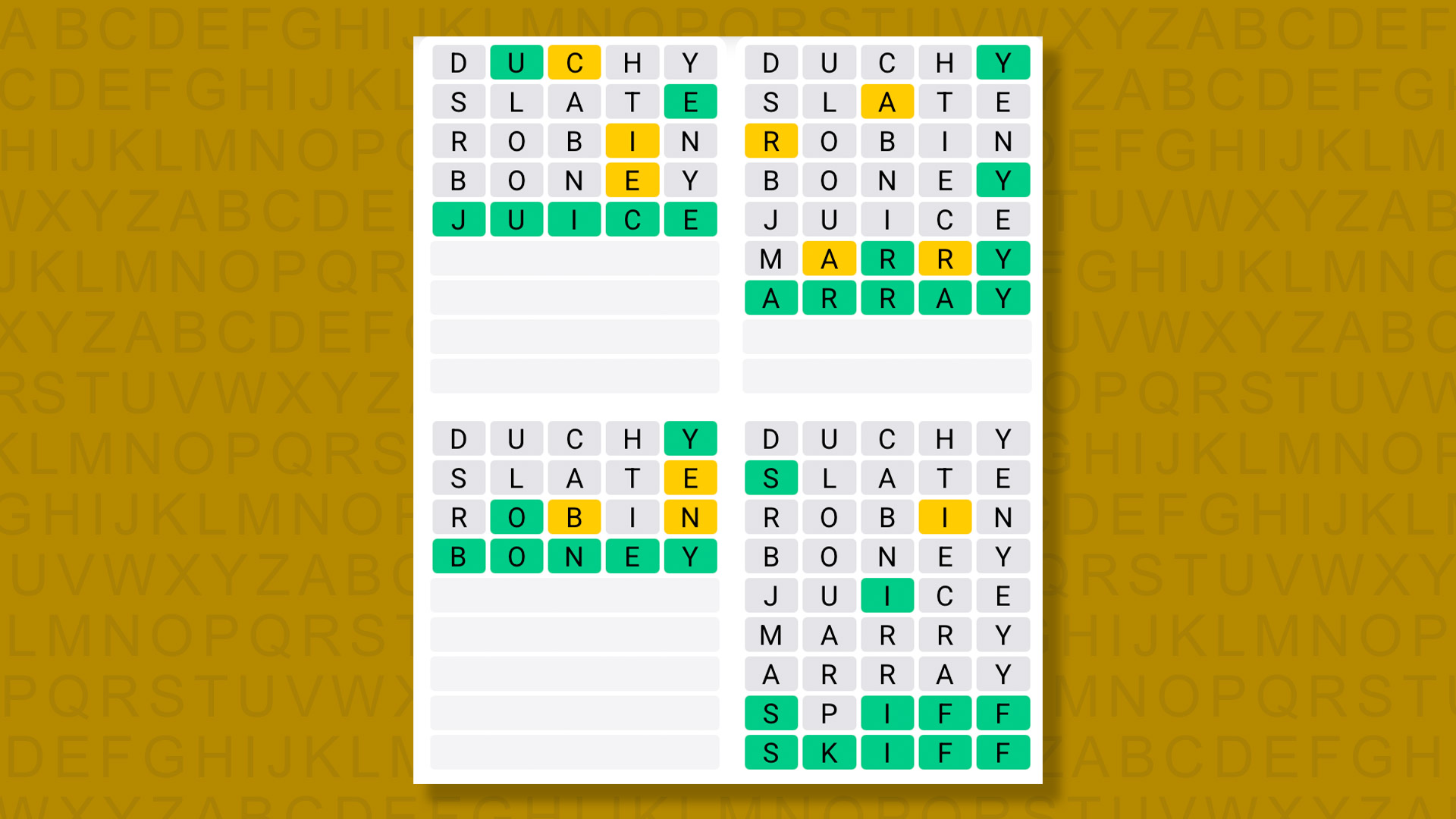 Quordle answers for the game 1614 on a yellow background