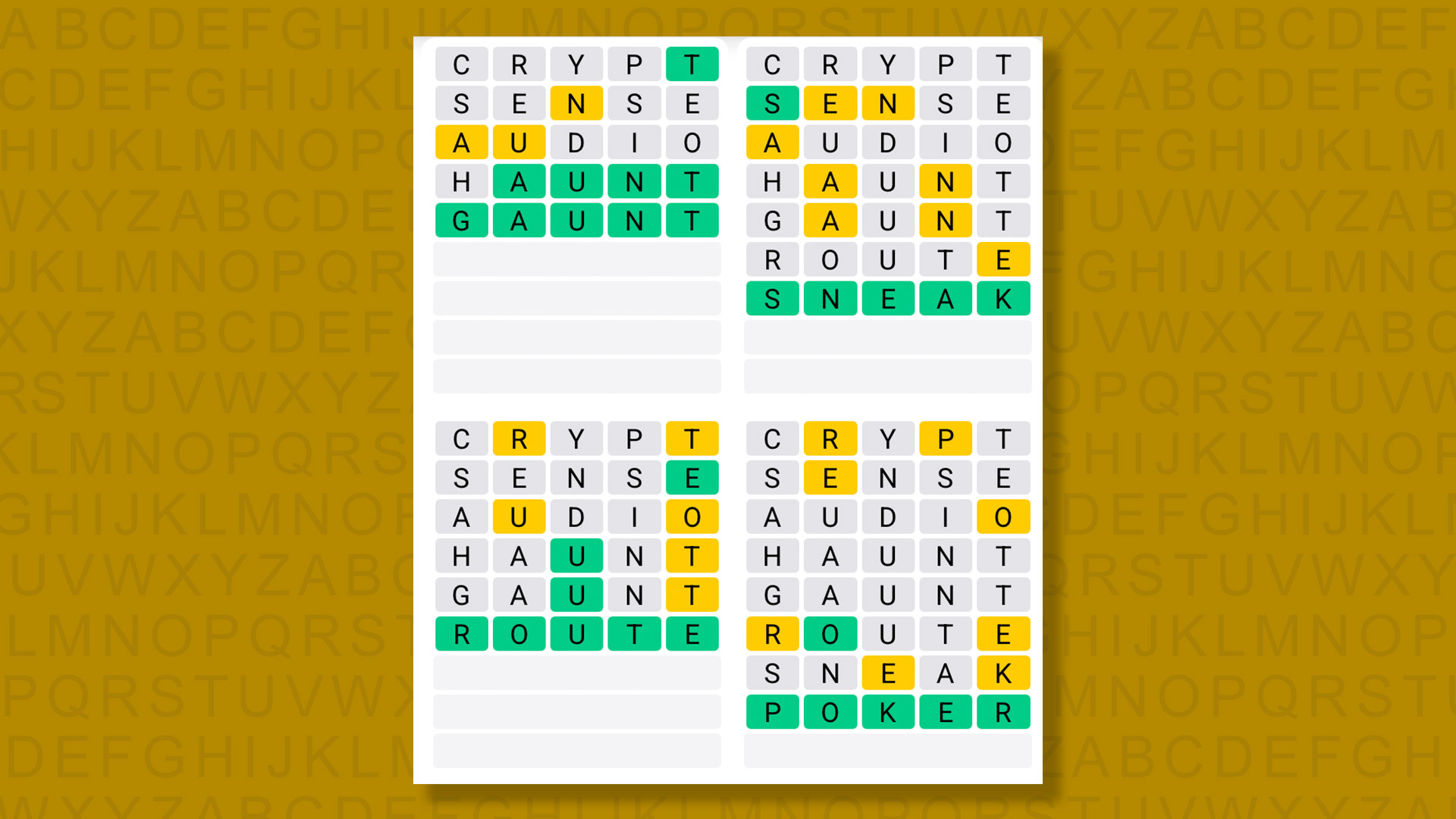 Quordle answers for game 1603 on a yellow background
