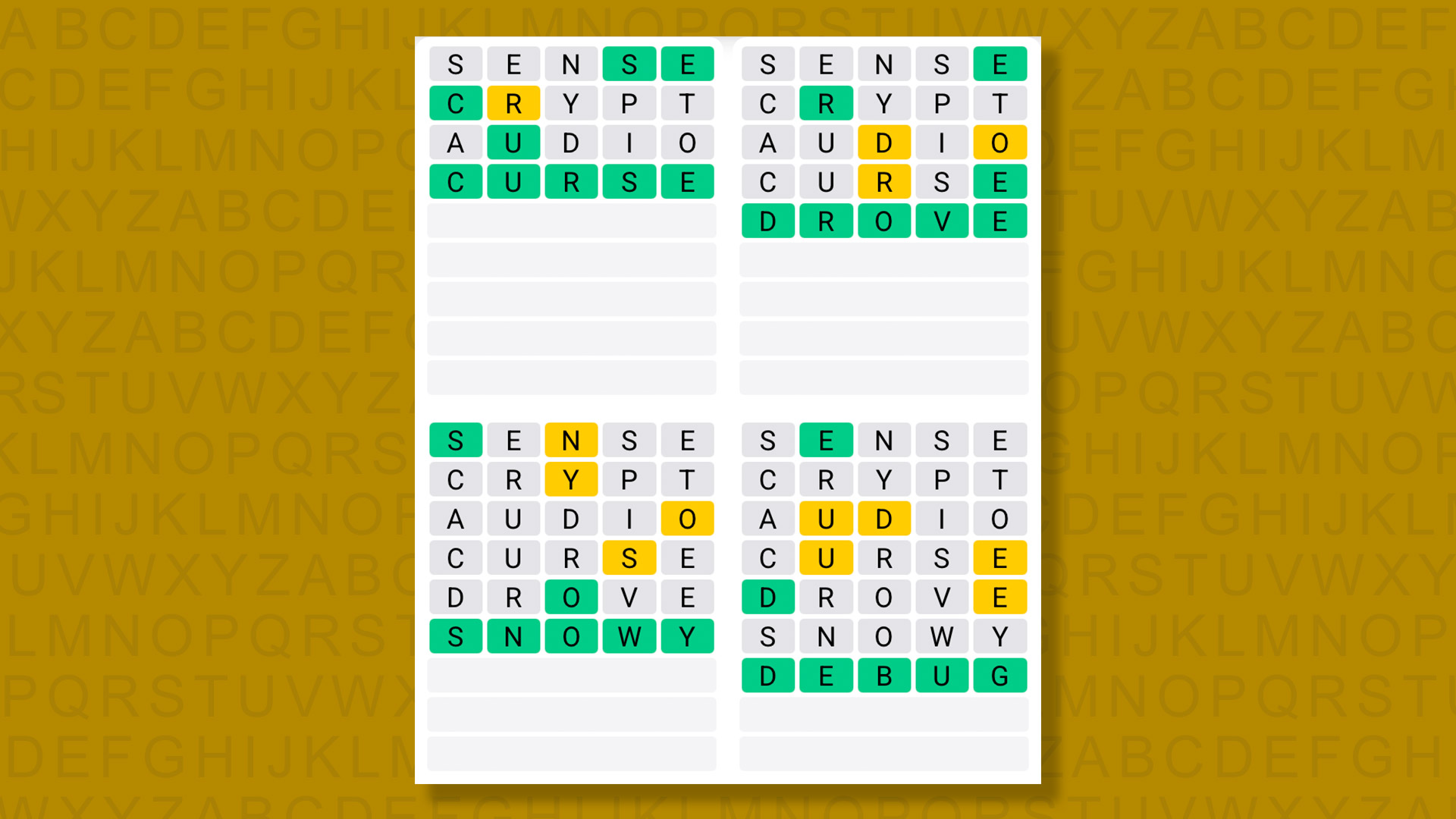 Quordle answers for the game 1596 on a yellow background