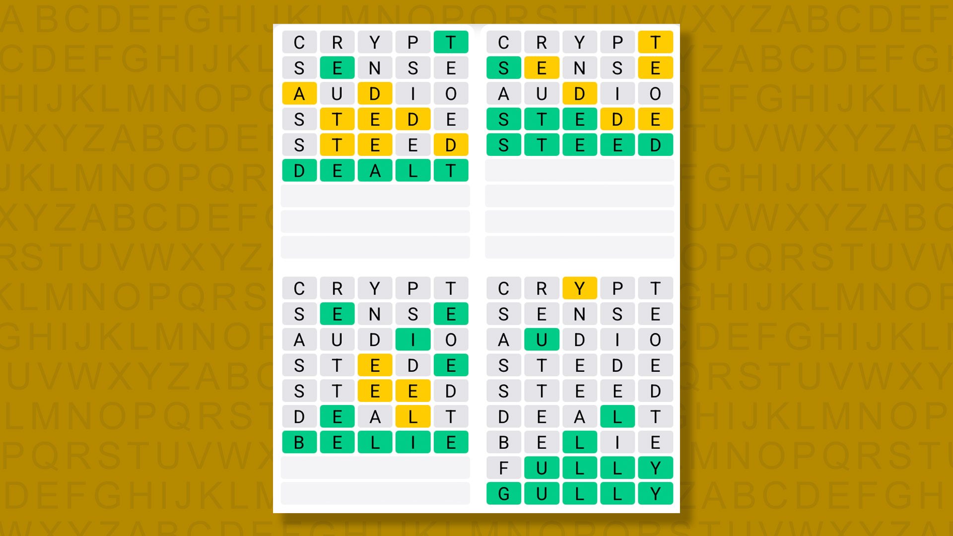 Quordle answers for the game 1601 on a yellow background