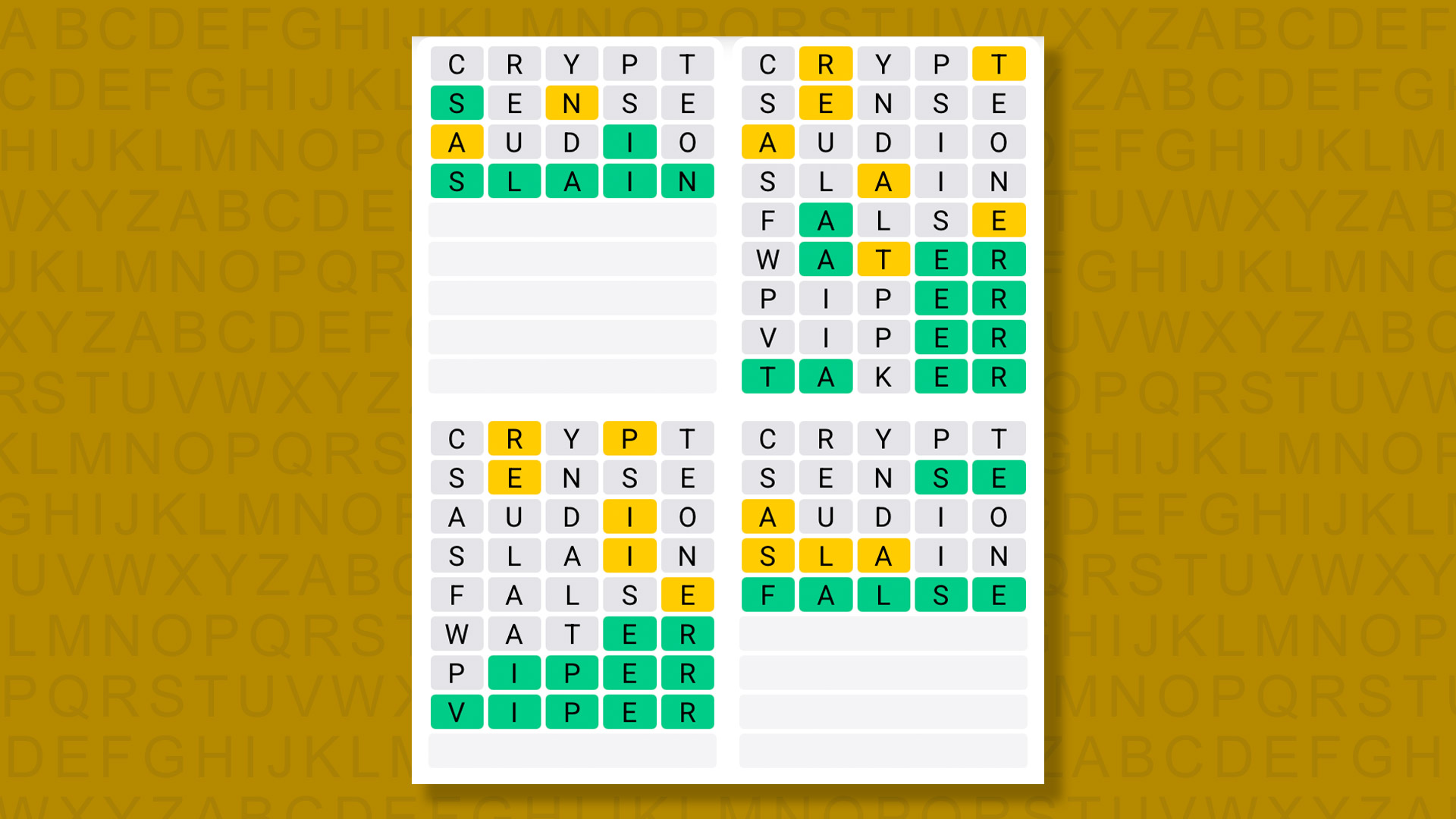 Quordle answers for the game 1608 on a yellow background