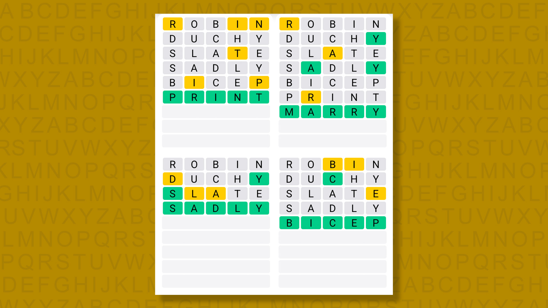 Quordle answers for the game 1615 on a yellow background